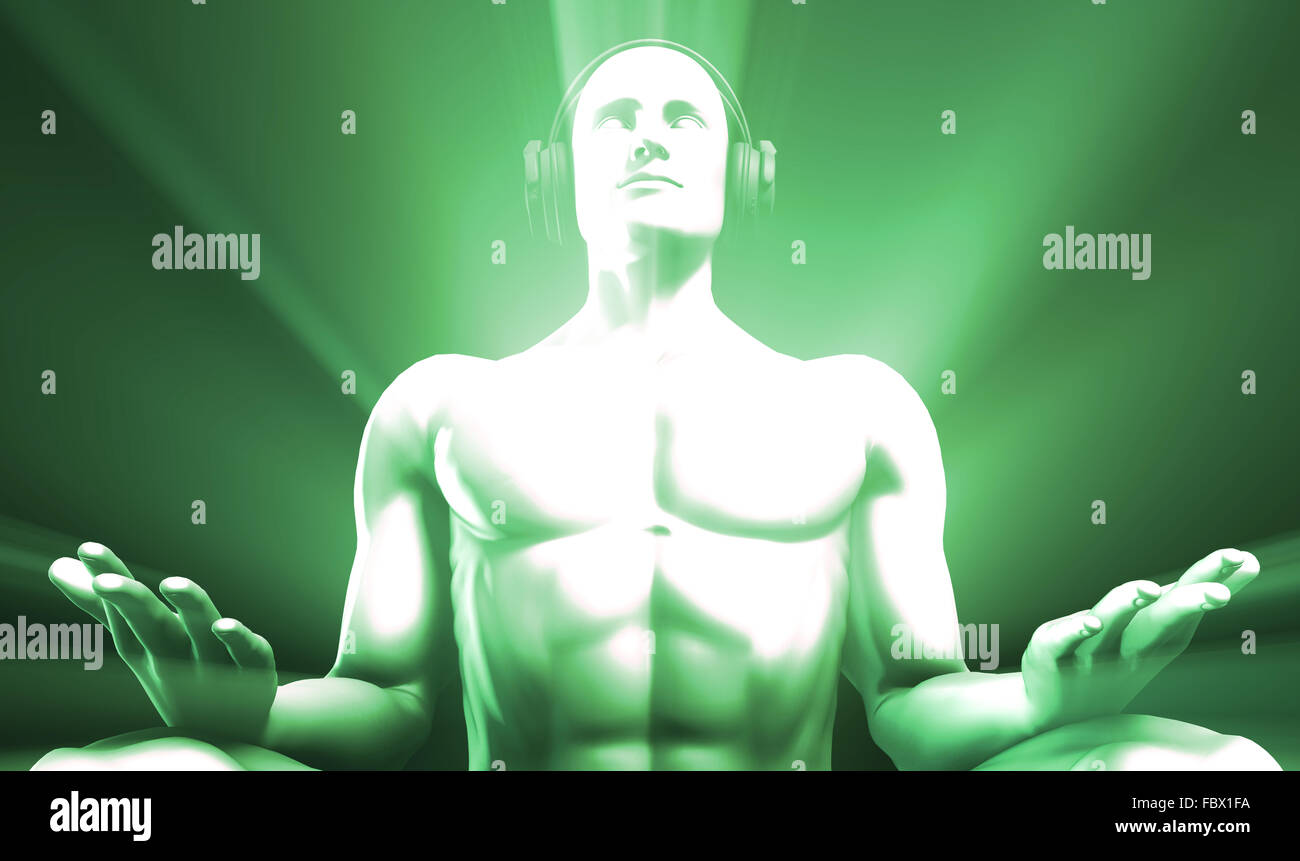 L'homme Écoute de la musique en méditant dans 3D Écouteurs Banque D'Images