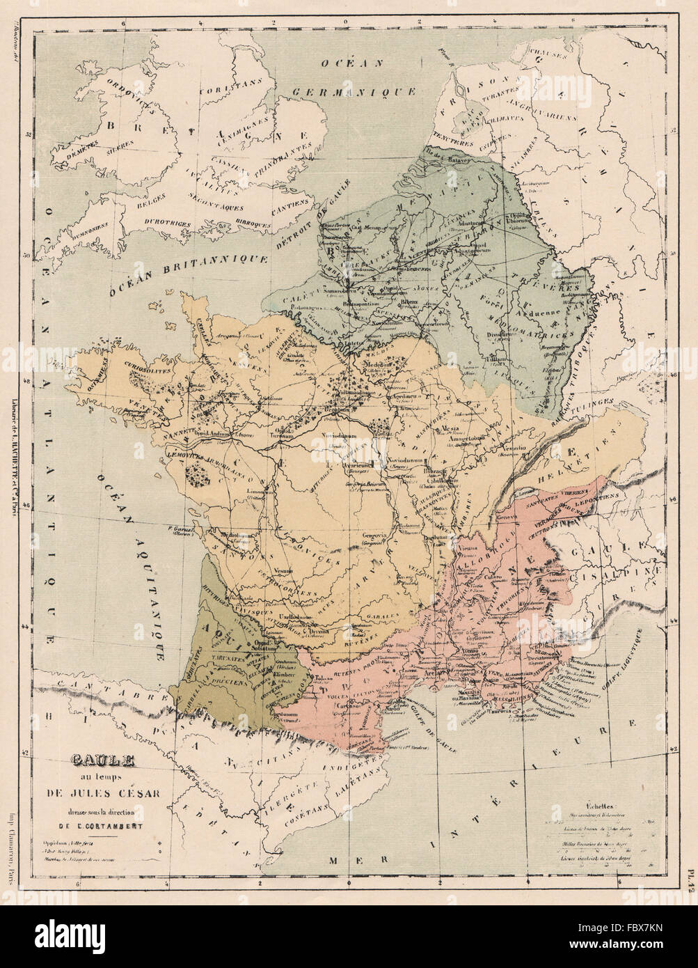 La Gaule à l'époque de Jules César. La Gaule. Routes romaines.Provinces tribus 1880 map Banque D'Images