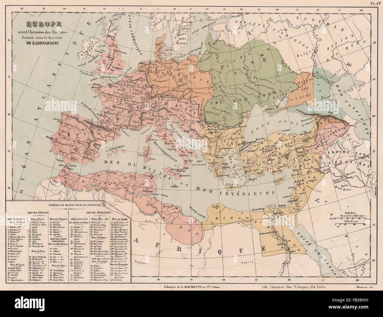 L'EUROPE AVANT L'invasion barbare. L'Est et l'Ouest Empires Romain, 1880 map Banque D'Images