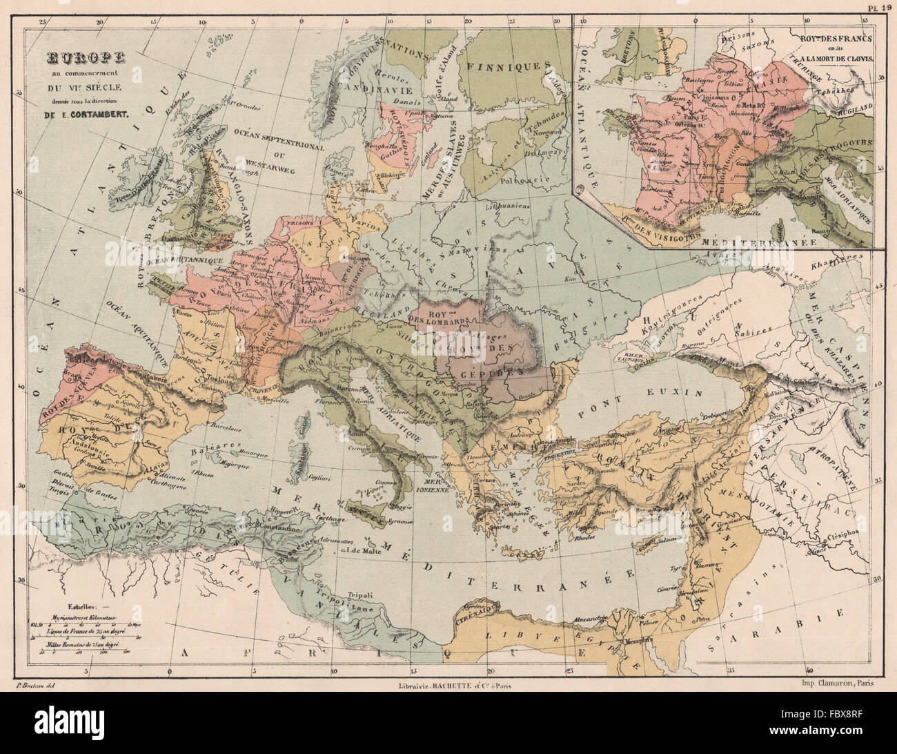 500AD EUROPE & Royaume Franc en médaillon à la mort de Clovis, 1880 carte antique Banque D'Images