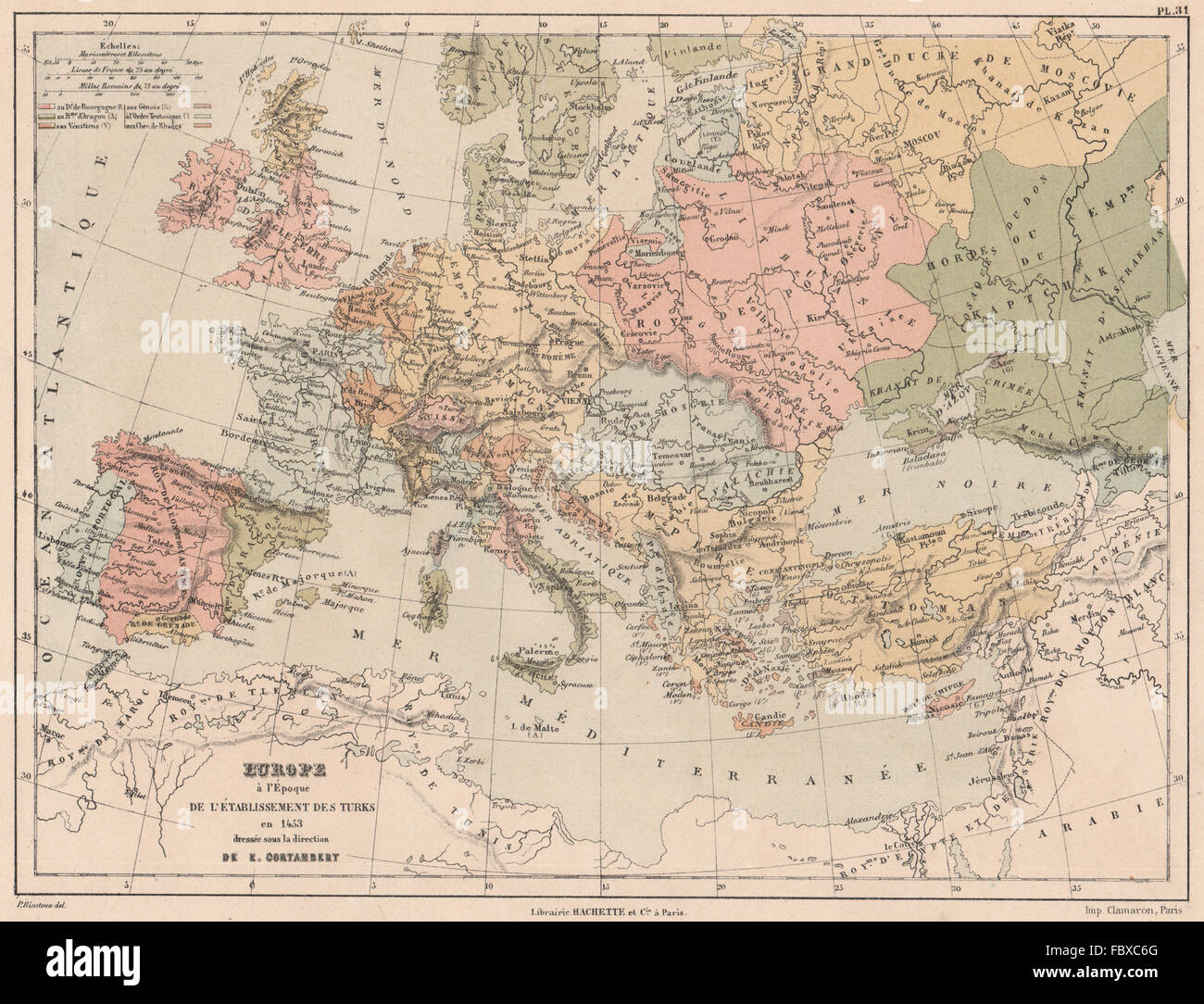 1453 L'Europe de l'établissement de l'Empire Ottoman.émirat de Grenade 1880 map Banque D'Images