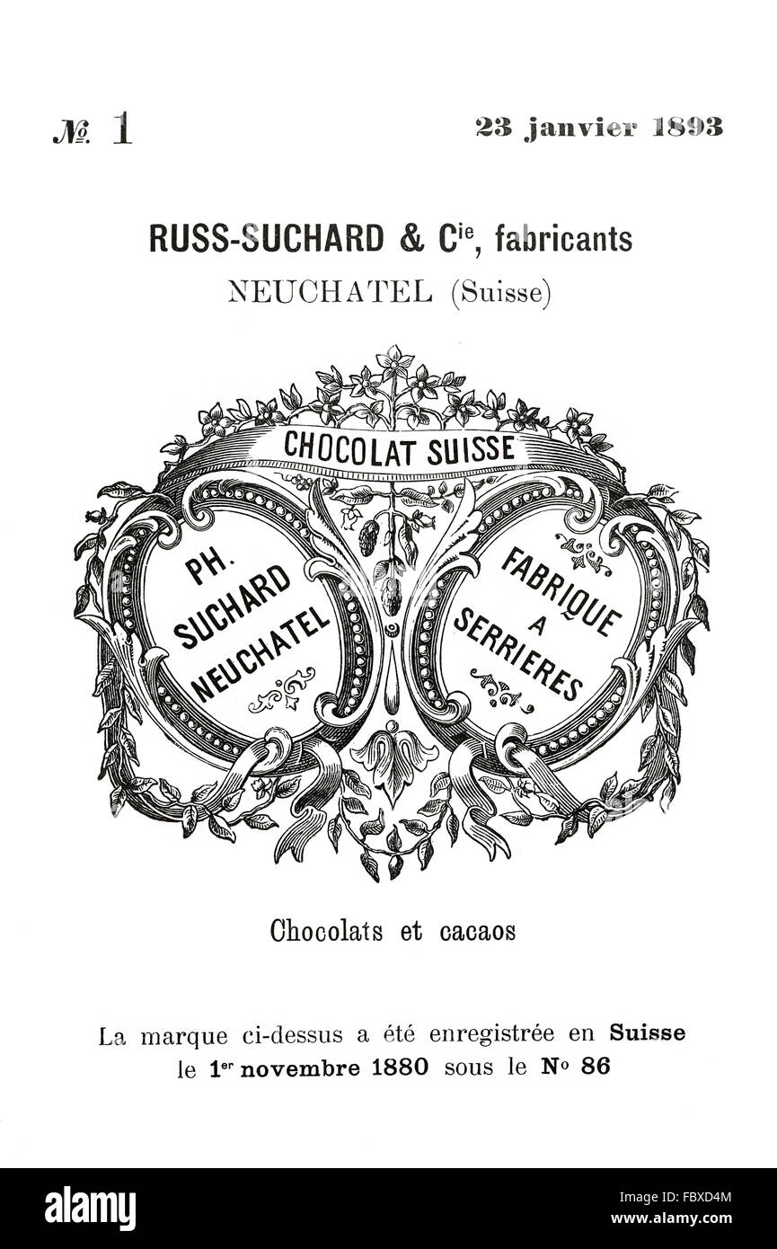 Marque Historique pour Suchard chocolat suisse, Neuchâtel 1893, première marque protégée à l'échelle internationale Banque D'Images