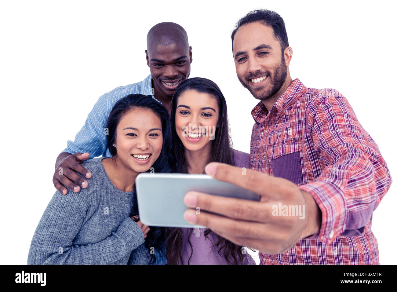 Smiling multi-ethnic friends selfies Banque D'Images