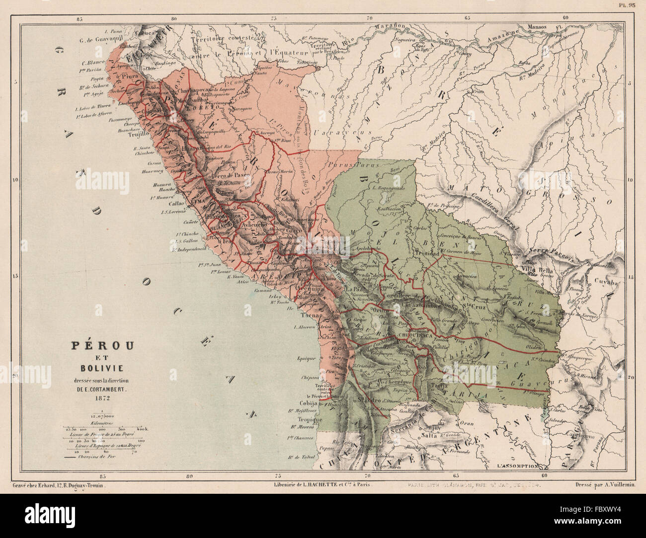 Pérou - Bolivie avec pré- littorale de la guerre du Pacifique. Pérou et Bolivie, 1880 map Banque D'Images