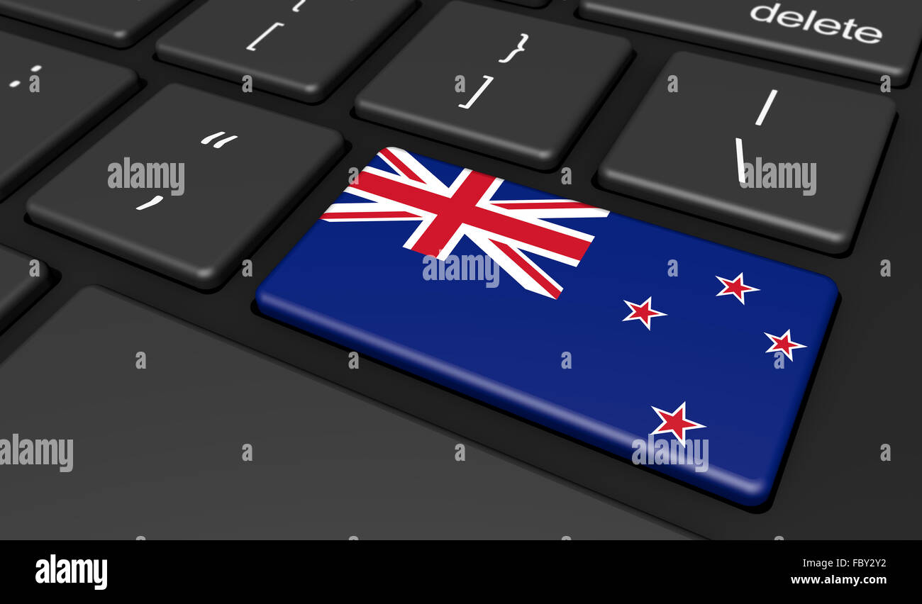 Numérisation de la Nouvelle-Zélande et de l'utilisation des technologies numériques concept avec le néo-zélandais drapeau sur un ordinateur. Banque D'Images