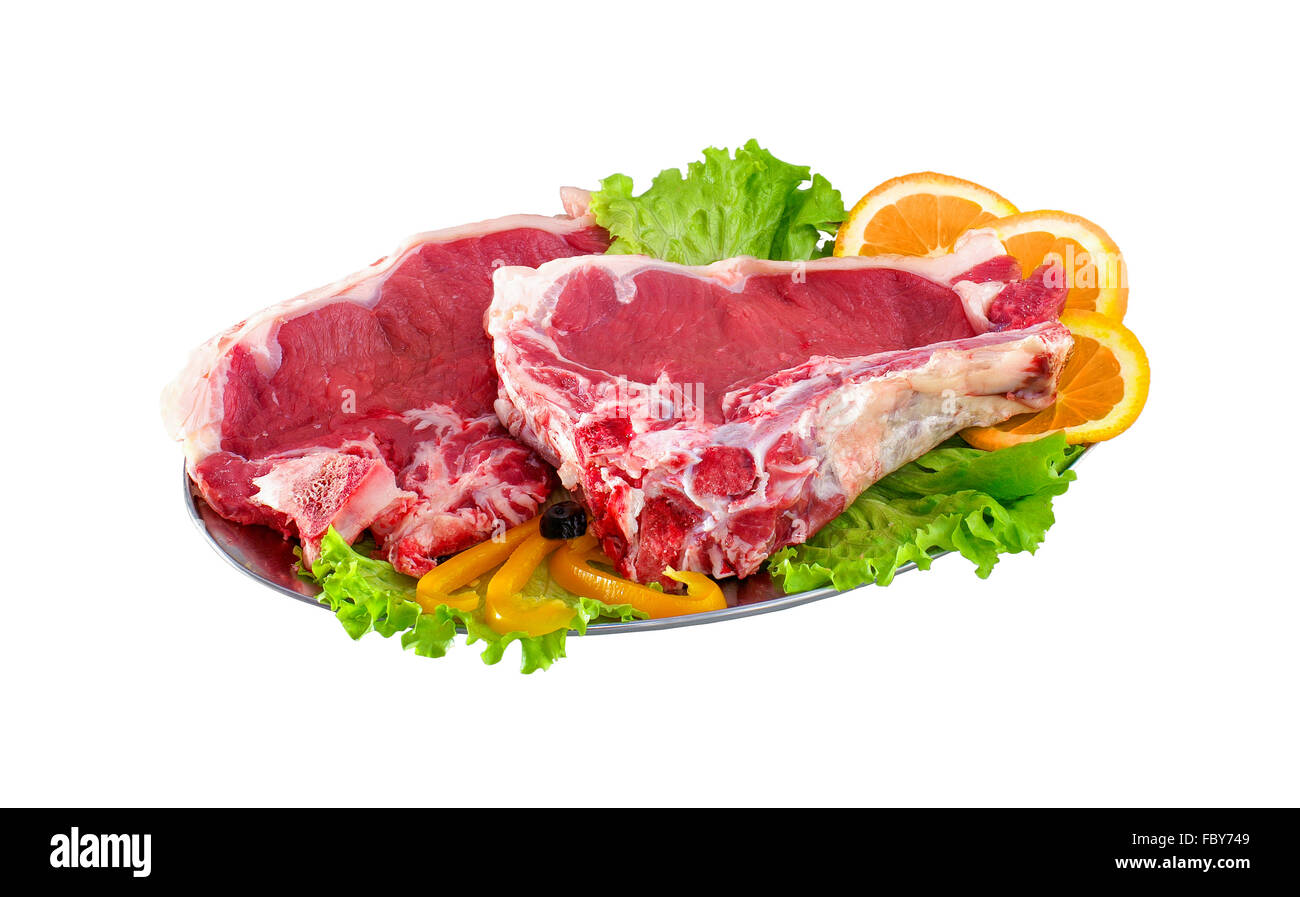 Produits frais et de la viande des côtes et côtelettes de porc isolé sur fond blanc Banque D'Images