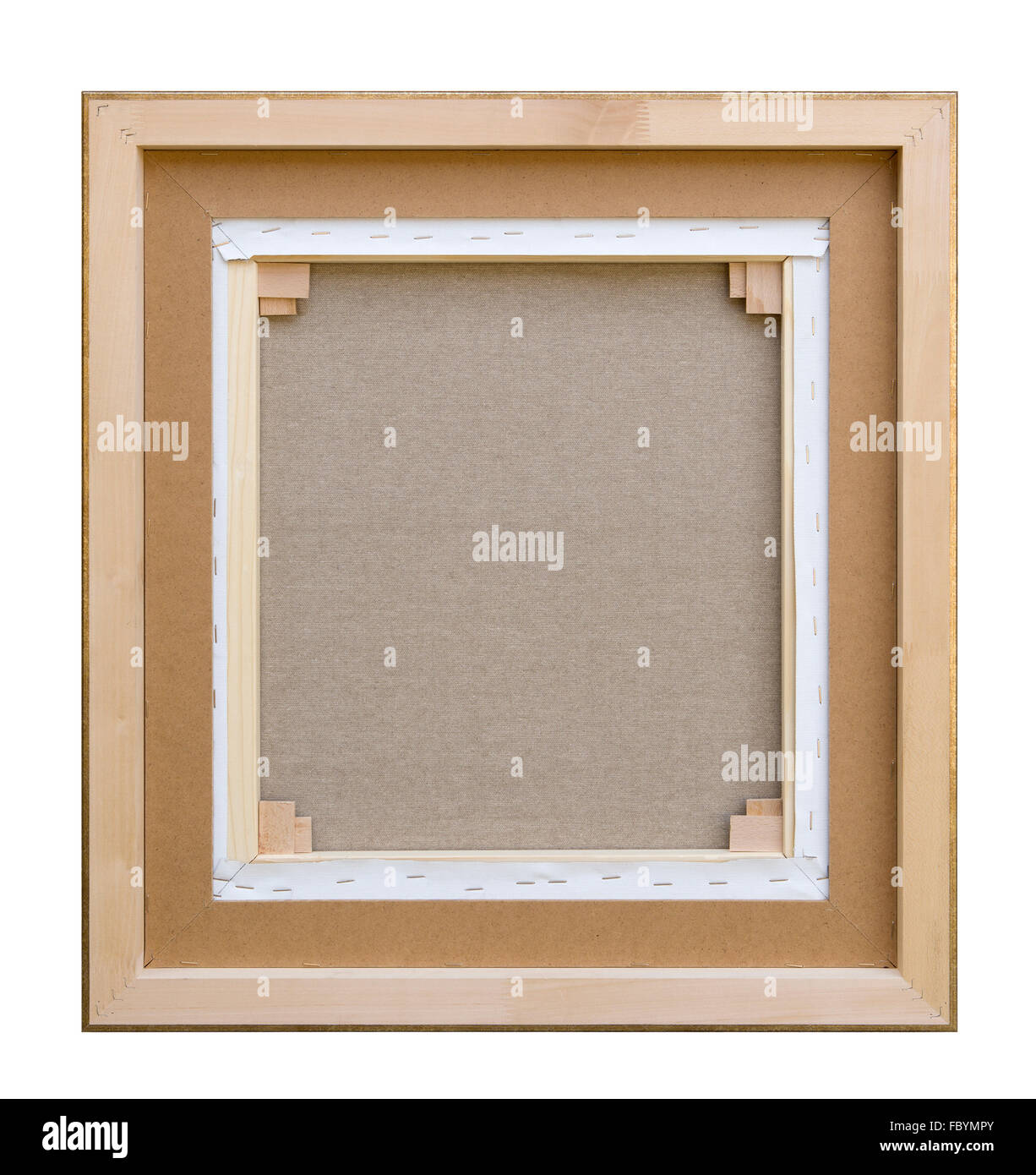 Galerie vue arrière en toile vierge cadre bois construction - barre de civière frames arrière isolated on white Banque D'Images