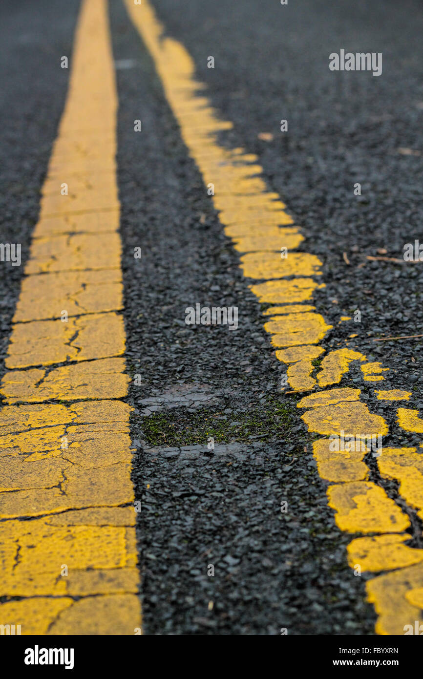 Vieux lignes peintes en jaune sur l'asphalte avec Moss. Banque D'Images
