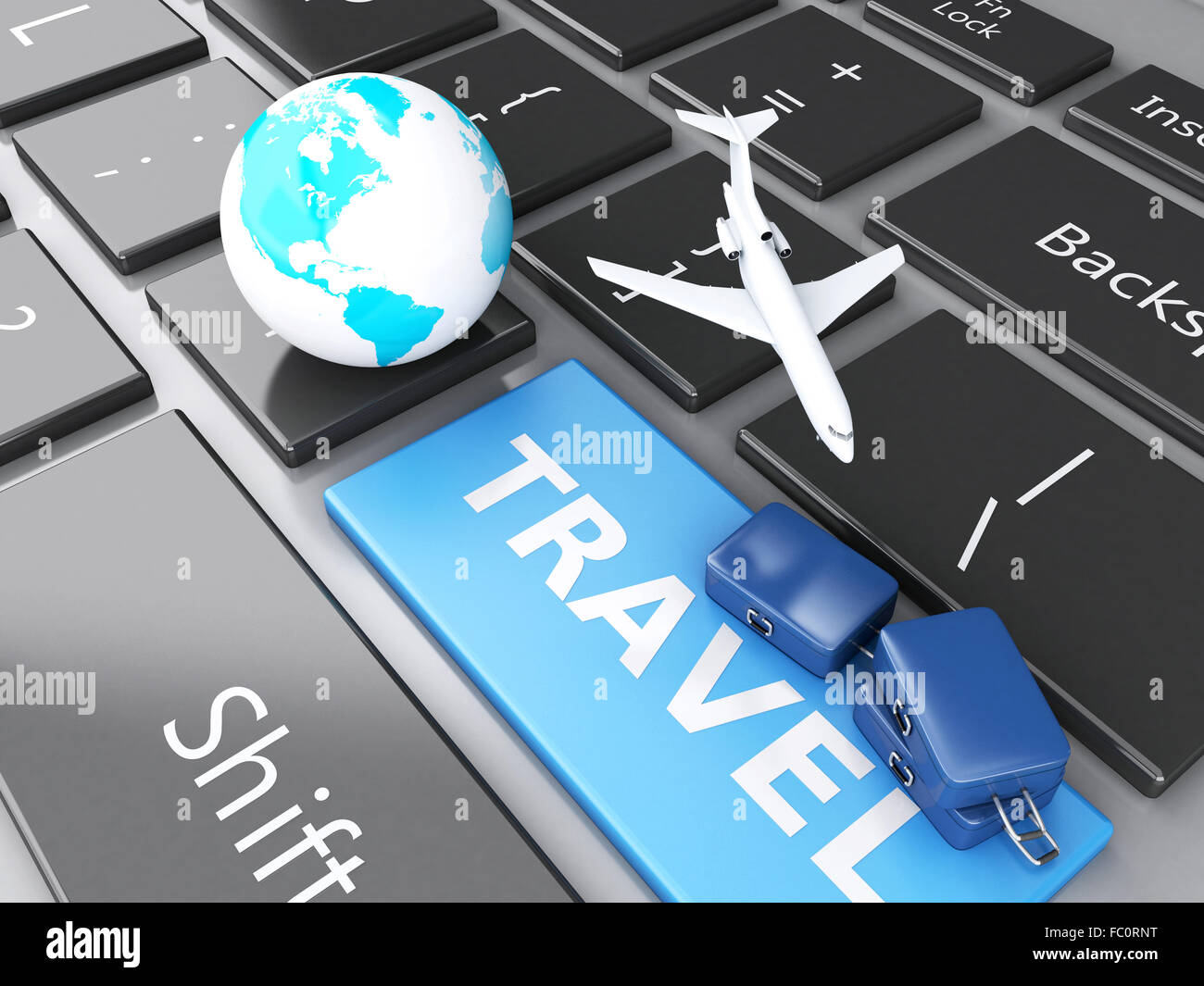 Valise, avion et de masse sur la clavier de l'ordinateur. Banque D'Images