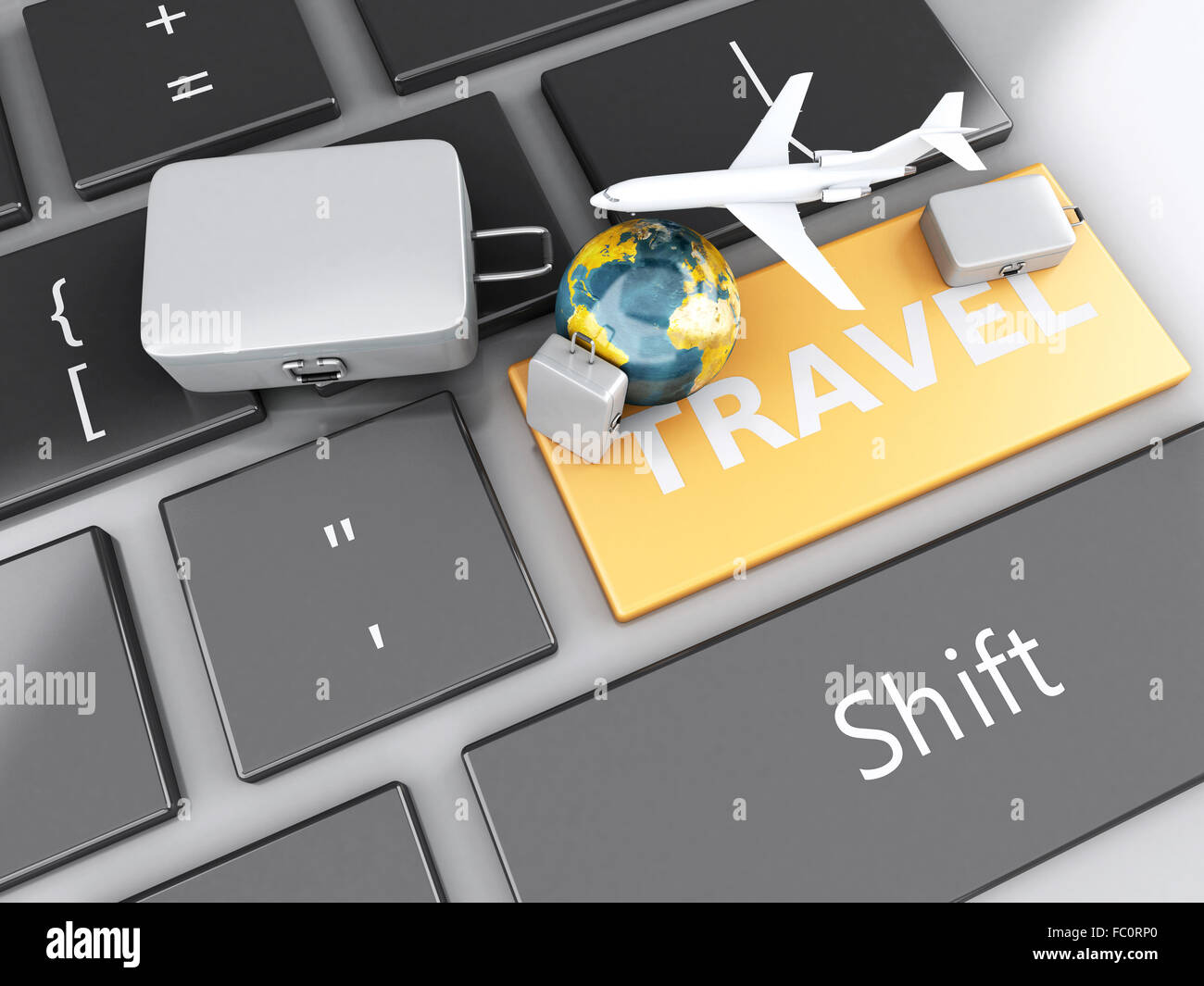 Valise, avion et de masse sur la clavier de l'ordinateur. Banque D'Images