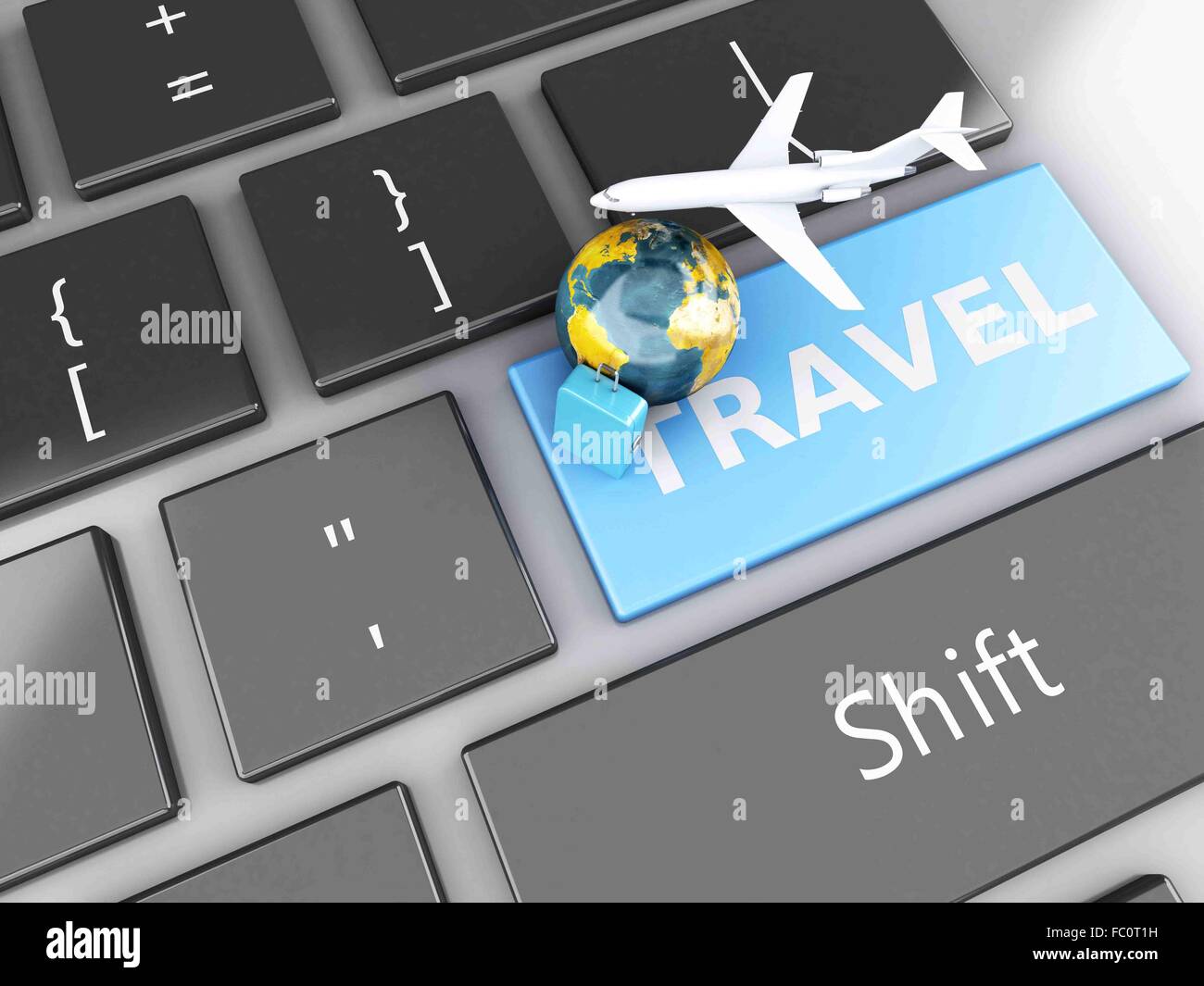 Valise, avion et de masse sur la clavier de l'ordinateur. Banque D'Images