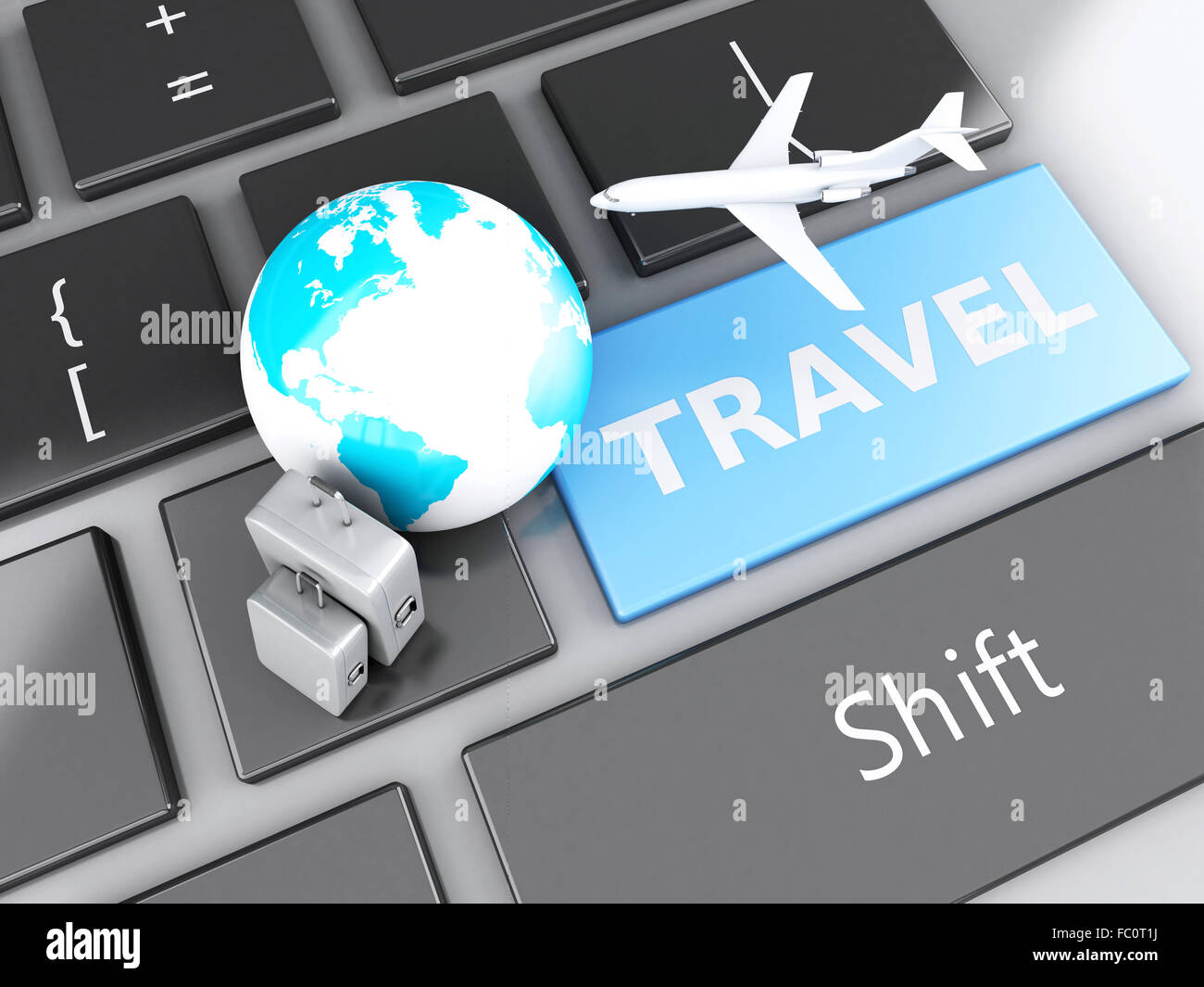 Valise, avion et de masse sur la clavier de l'ordinateur. Banque D'Images