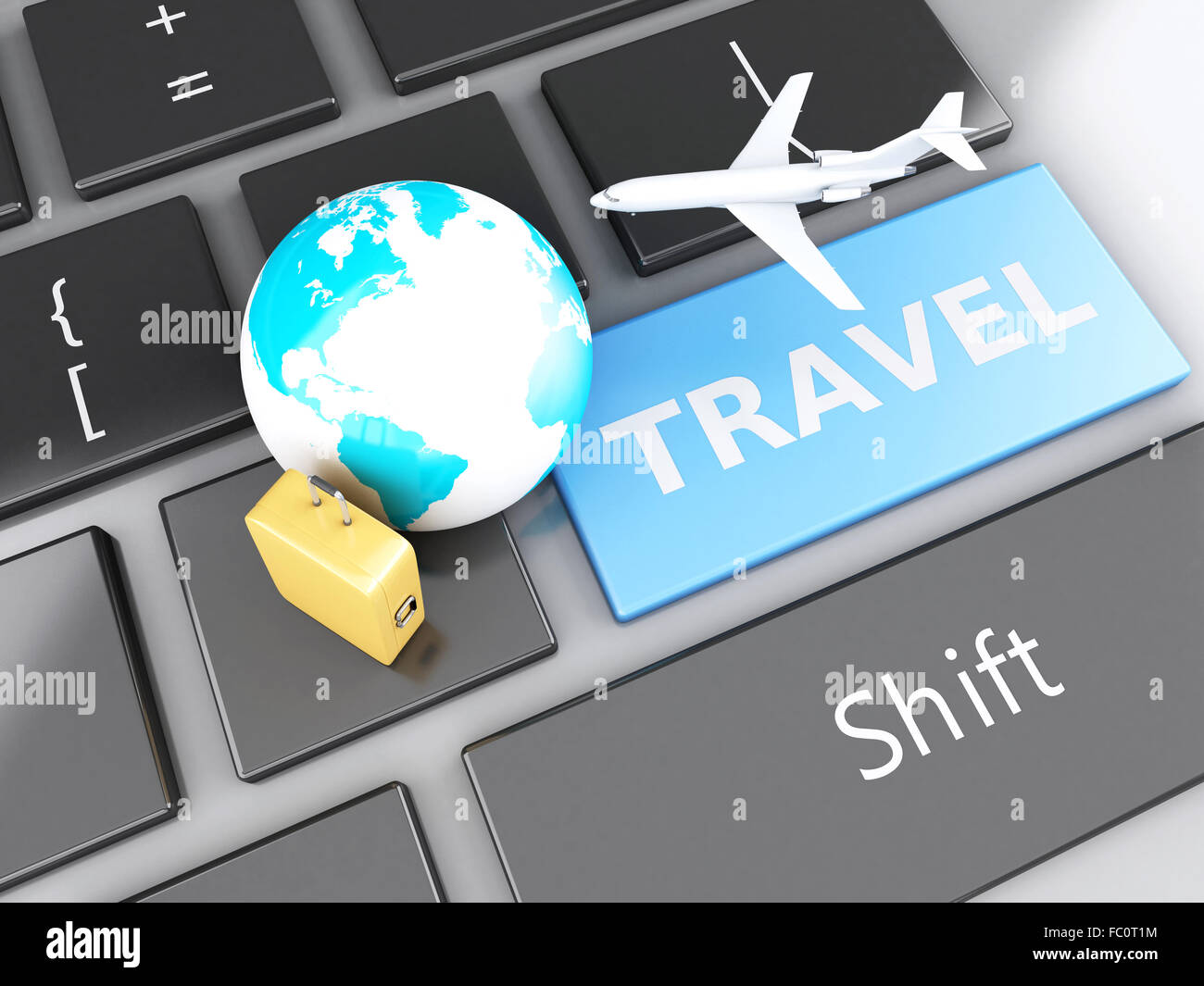 Valise, avion et de masse sur la clavier de l'ordinateur. Banque D'Images
