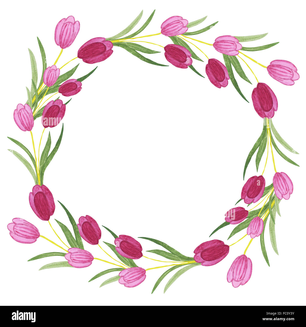 Aquarelle tulipes couronne sur fond blanc. Illustration à l'aquarelle avec copie espace. Concept de fleurs pour un mariage ou une partie Banque D'Images