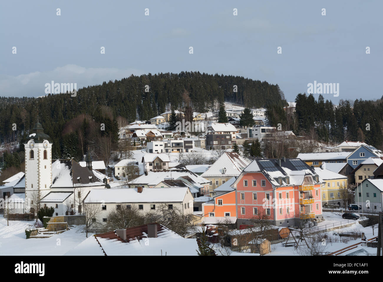 Snow covered rural community Vorderweissenbach Banque D'Images