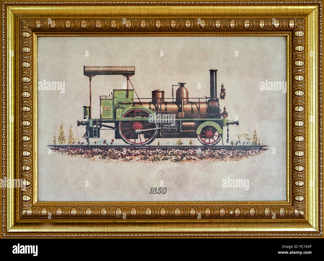 Peinture de train vintage. Peinture encadrée d'une locomotive à vapeur américaine de 1850 Banque D'Images