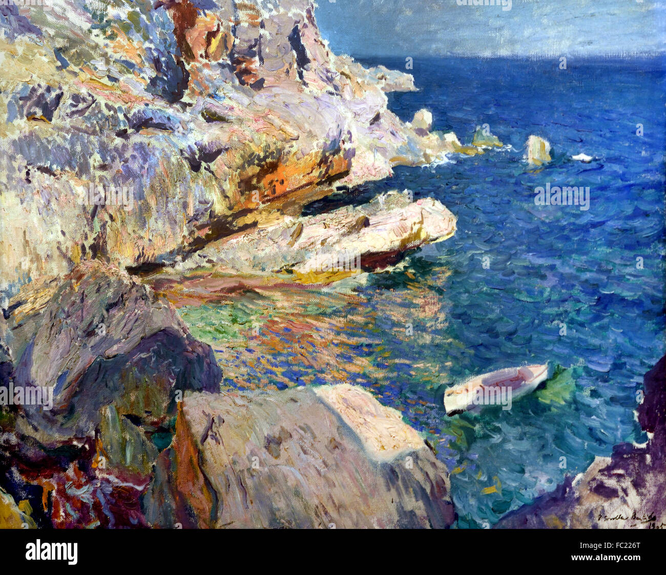 Des pierres à Jávea et le bateau blanc 1905 Joaquín Sorolla y Bastida 1863 - 1927 Espagnol Espagne Andalousie Banque D'Images