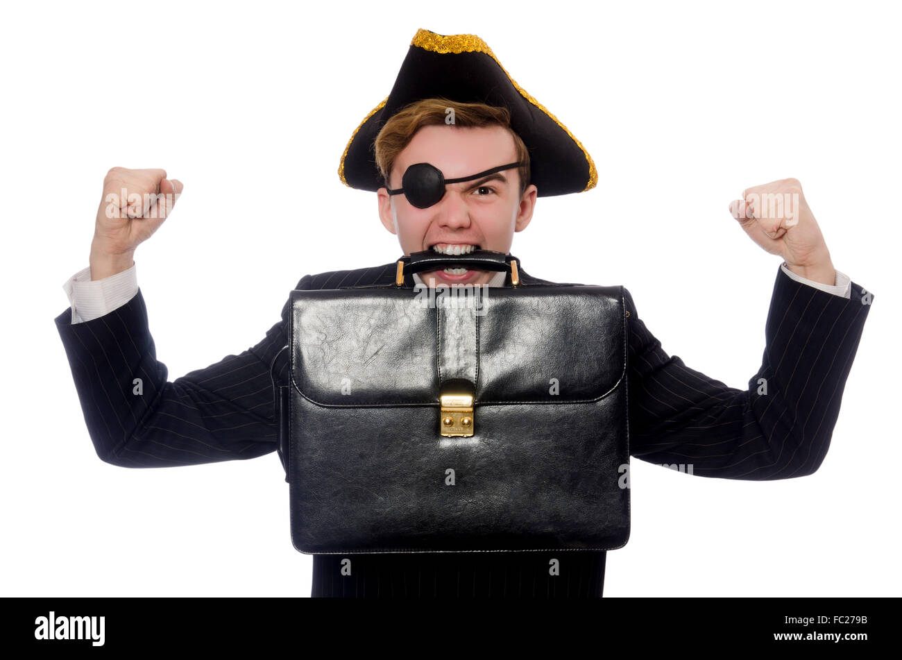 Jeune homme en costume de pirate hat isolated on white Banque D'Images