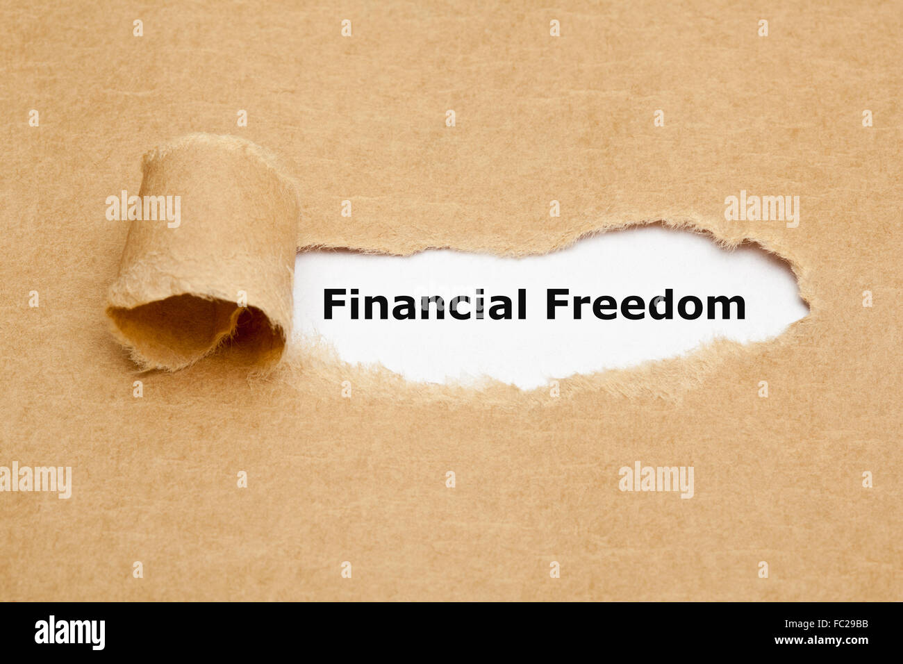 Le texte La Liberté Financière apparaissant derrière déchiré papier brun. Banque D'Images