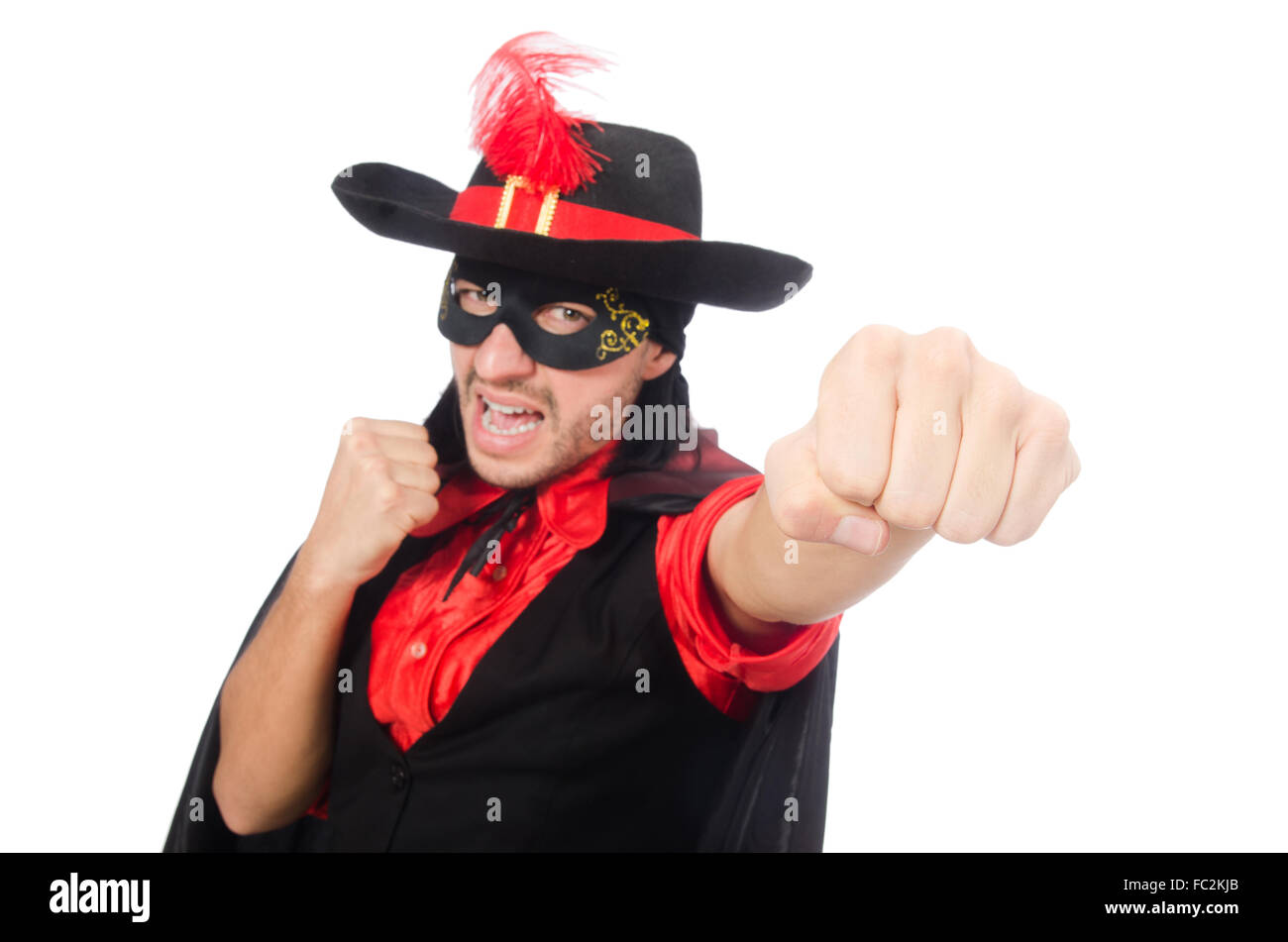 Jeune homme en manteau carnaval isolated on white Banque D'Images