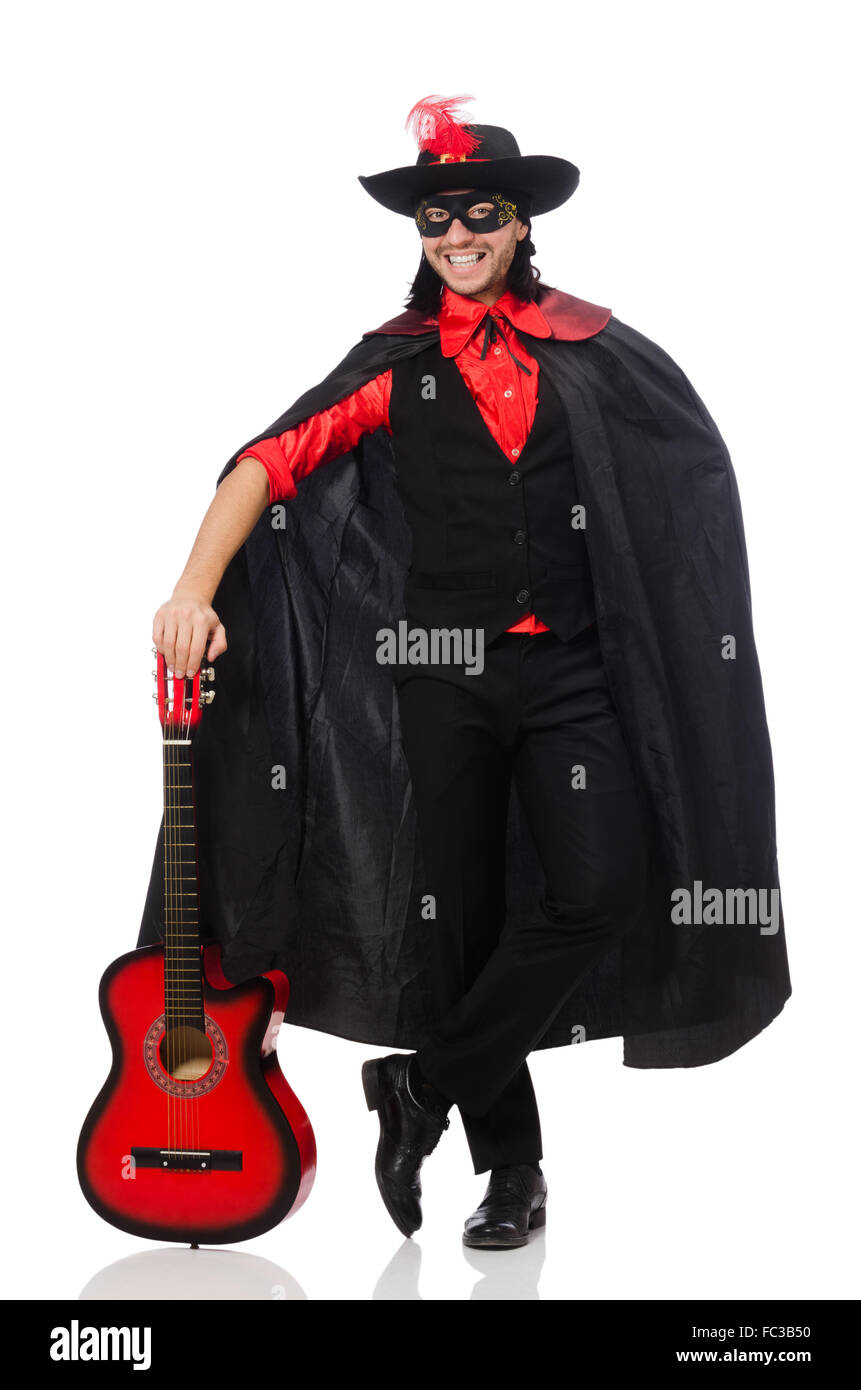 Jeune homme en manteau de carnaval avec guitare isolated on white Banque D'Images