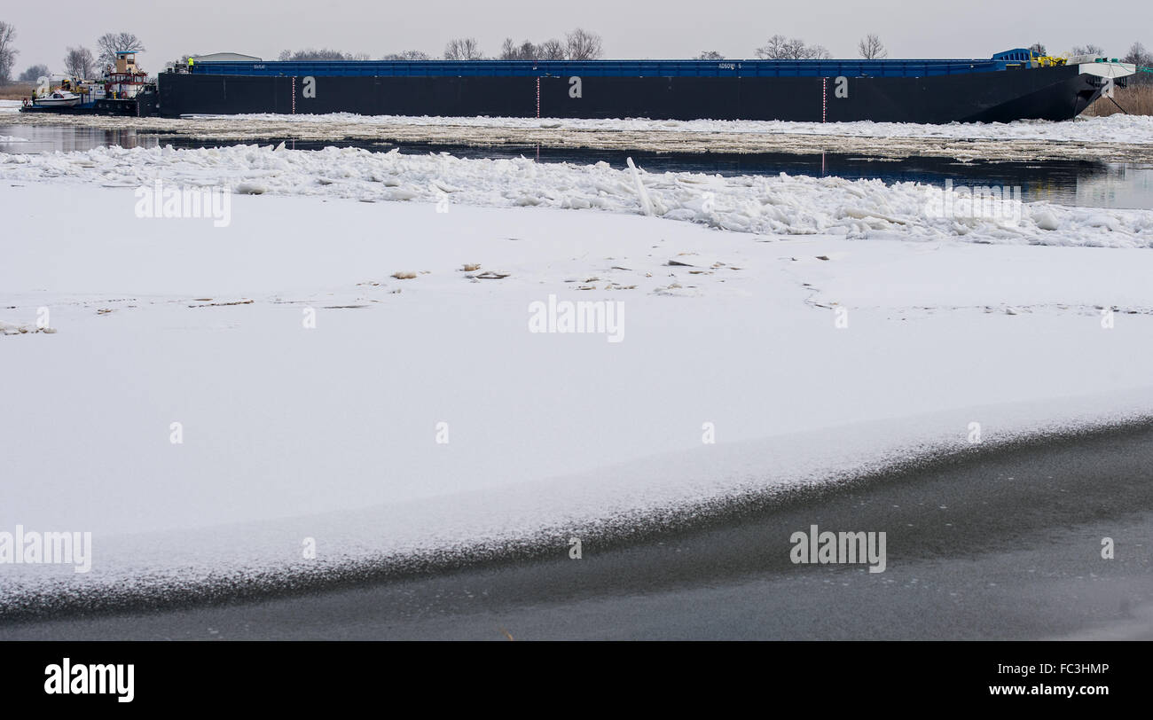 Reitwein, Allemagne. 20 Jan, 2016. Un chaland de charge à partir de la Pologne reste coincé sur l'ordre de la rivière, entouré par des plaques de glace, à la frontière entre l'Allemagne et la Pologne près de Reitwein, Allemagne, 20 janvier 2016. Le chaland a été bloqué sur le fleuve Oder pendant 15 jours. Le chaland whad été voyageant en aval malgré l'interdiction des transports par voie navigable par les autorités polonaises, l'eau et de l'expédition allemande a déclaré l'agence. Photo : Patrick Pleul/dpa/Alamy Live News Banque D'Images
