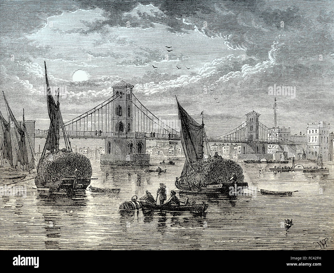 Le premier pont suspendu de Hungerford sur la Tamise, 1845, Londres, Angleterre Banque D'Images