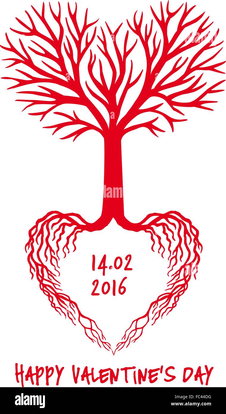 L'arbre de l'amour rouge en forme de coeur avec branches et racines, vector Valentine's day card Illustration de Vecteur