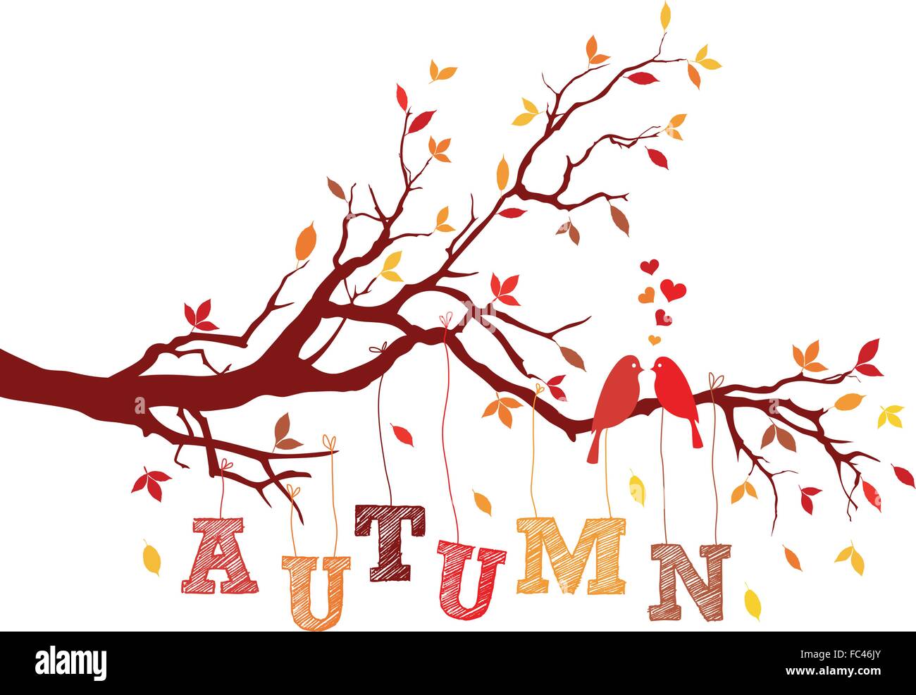 Oiseaux sur branche d'arbre d'automne avec les feuilles qui tombent, vector illustration Illustration de Vecteur