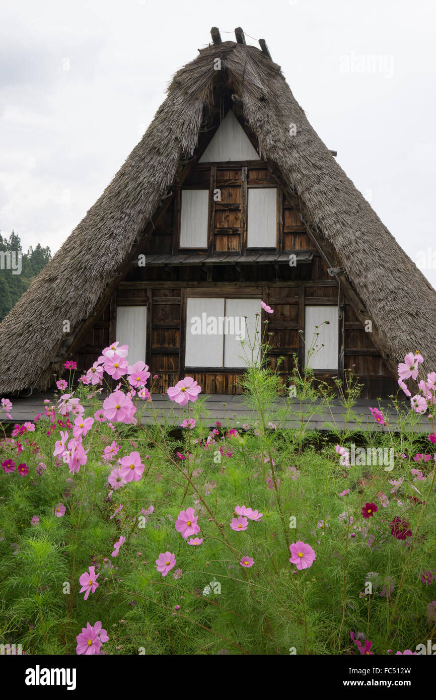 Shirakawago Japon toit de chaume, Site du patrimoine mondial de bâtiments Banque D'Images