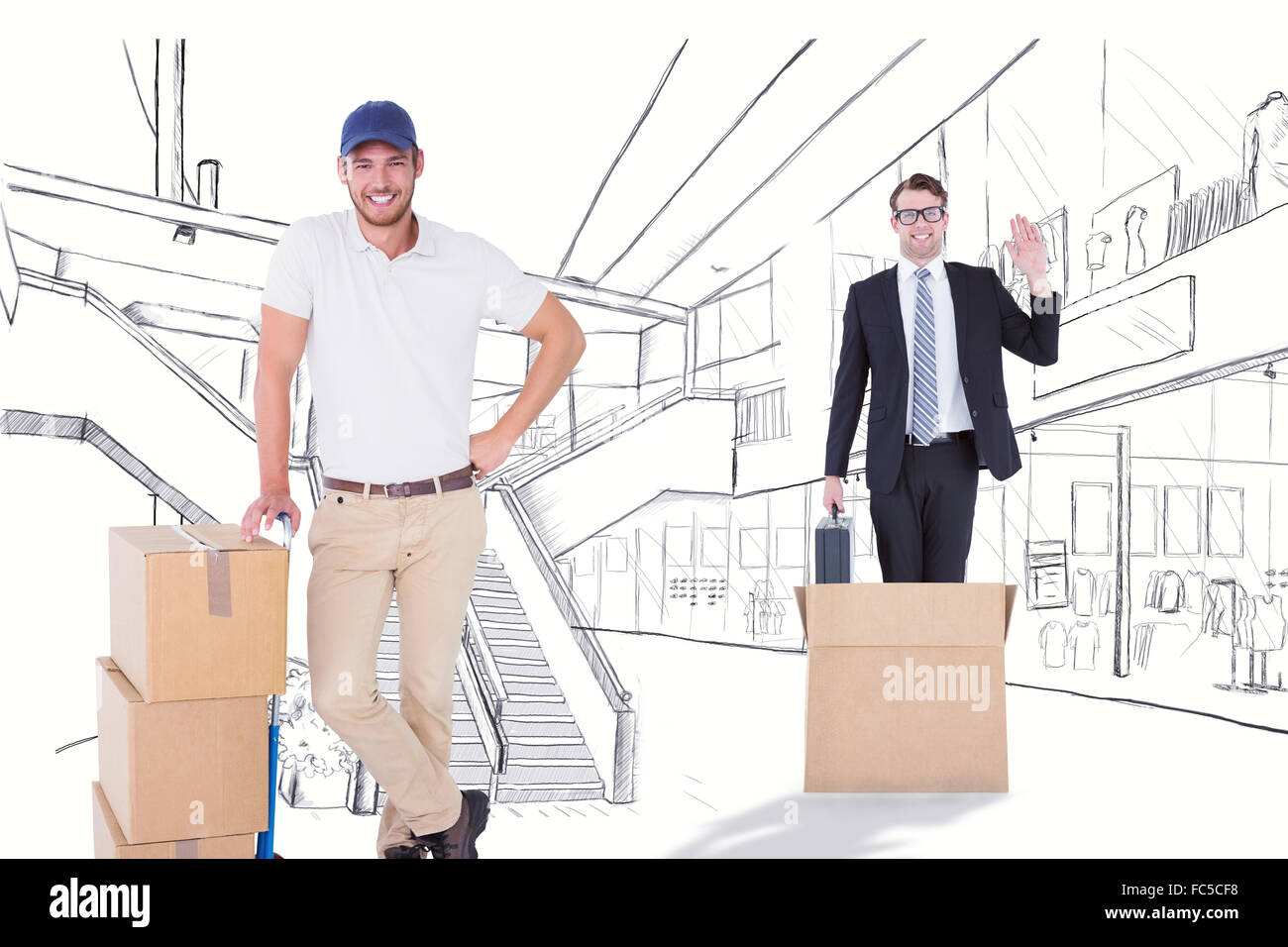 Composite image of delivery man leaning on trolley de boîtes Banque D'Images