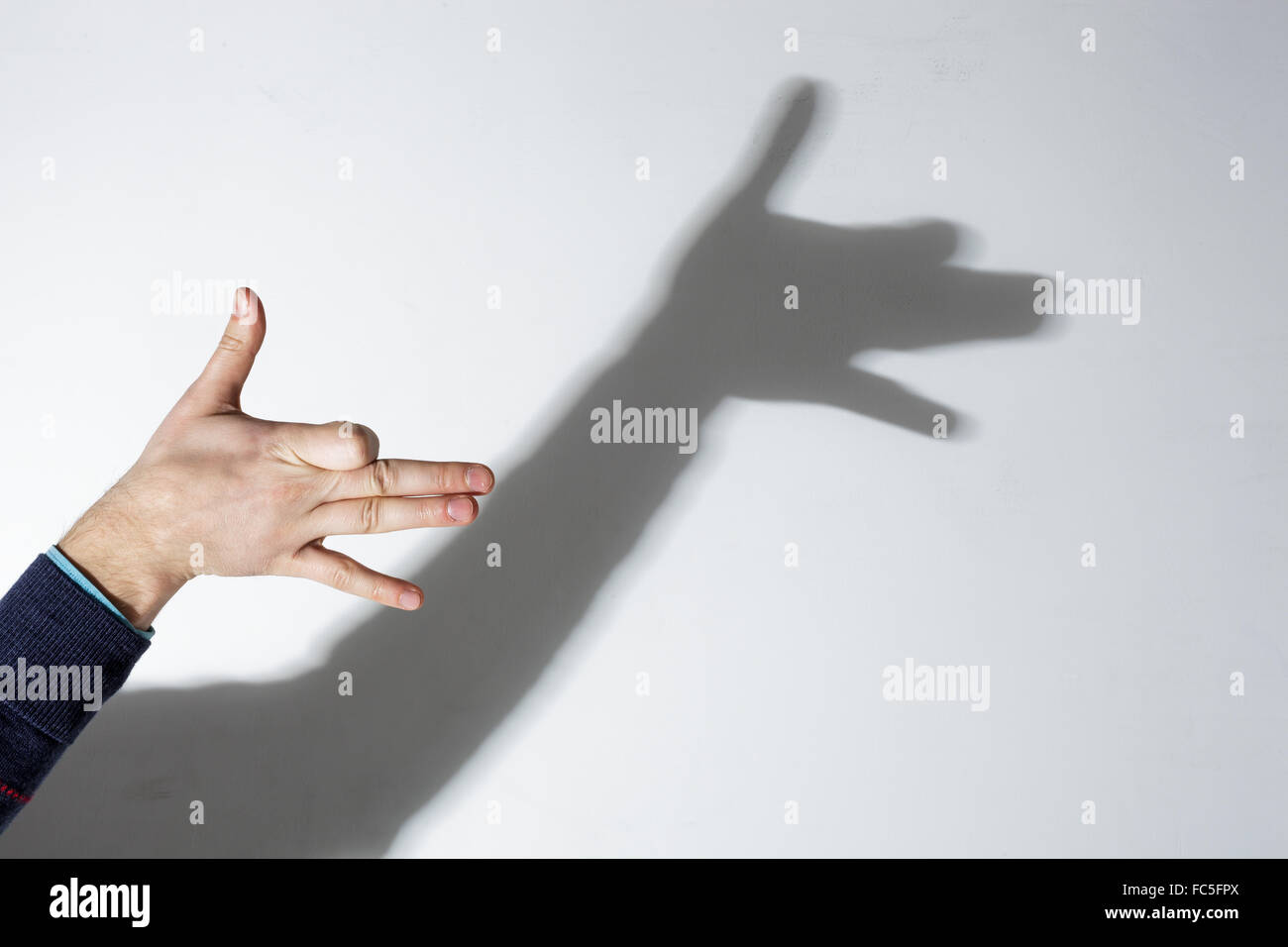 La main de l'homme jouant avec l'ombre : silhouette de la tête du chien sur le mur Banque D'Images