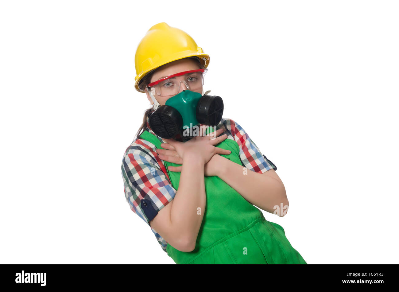 Femme portant des combinaison et masque à gaz isolated on white Banque D'Images