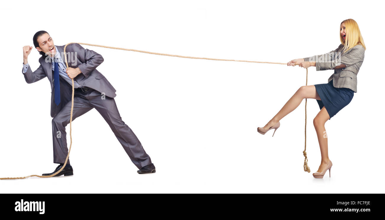 Businessman pulling rope on white Banque D'Images