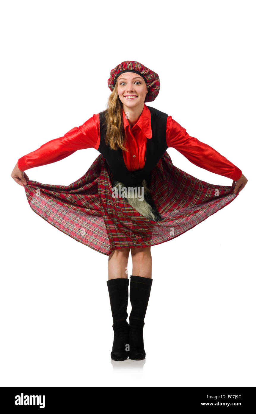 Femme drôle en vêtements écossais on white Banque D'Images