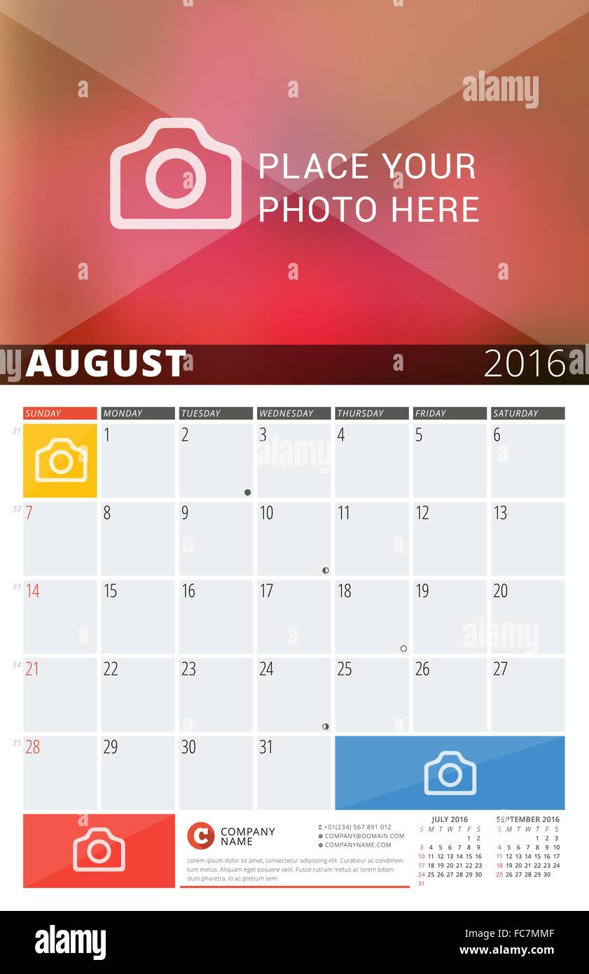 Planificateur de calendrier mural pour 2016 ans. Modèle d'impression vecteur Conception avec place pour les photos et les notes. Semaine commence le dimanche. 3 mois Illustration de Vecteur