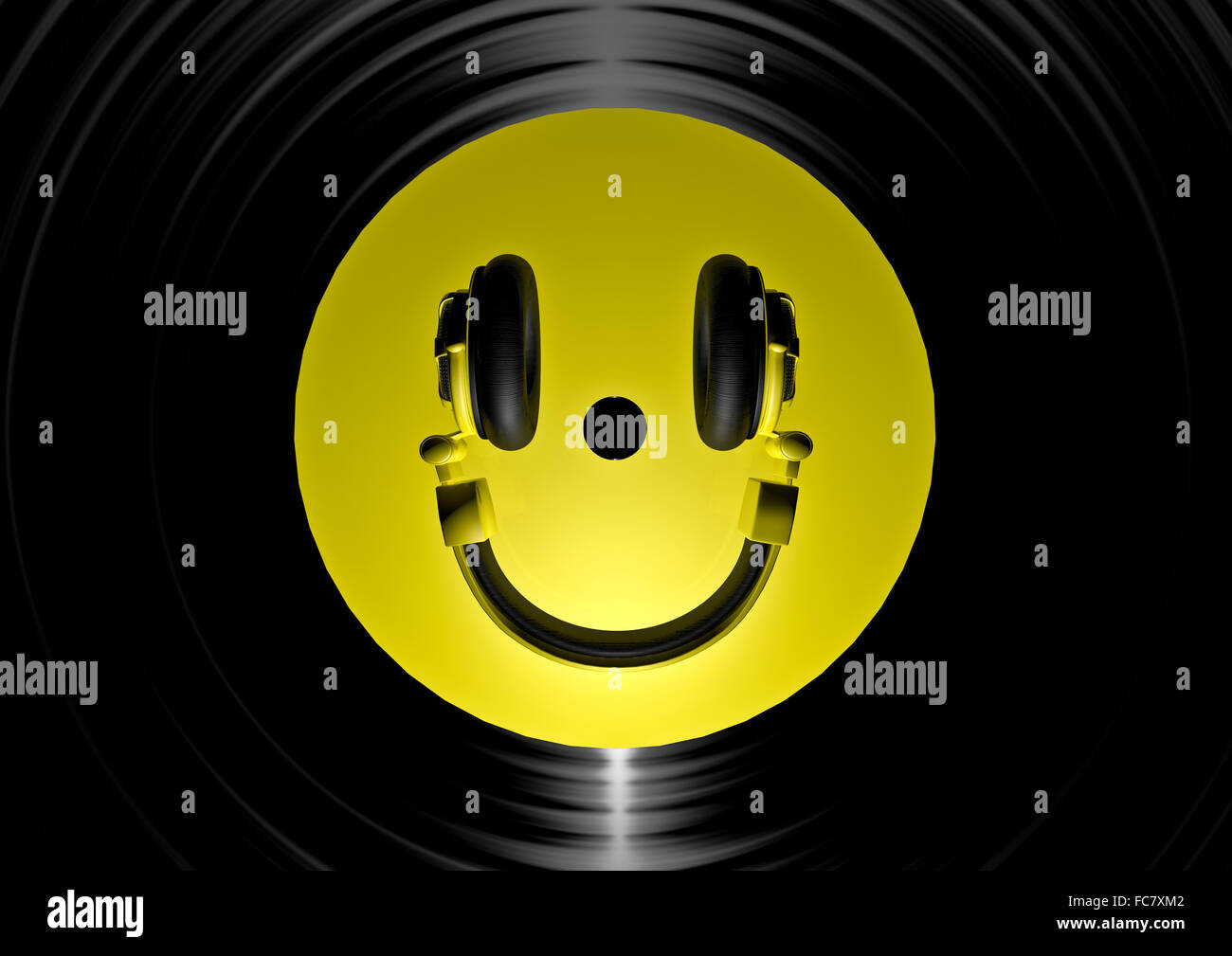 Smiley casque vinyle / 3D render of vinyl record et écouteurs formant smiley face Banque D'Images