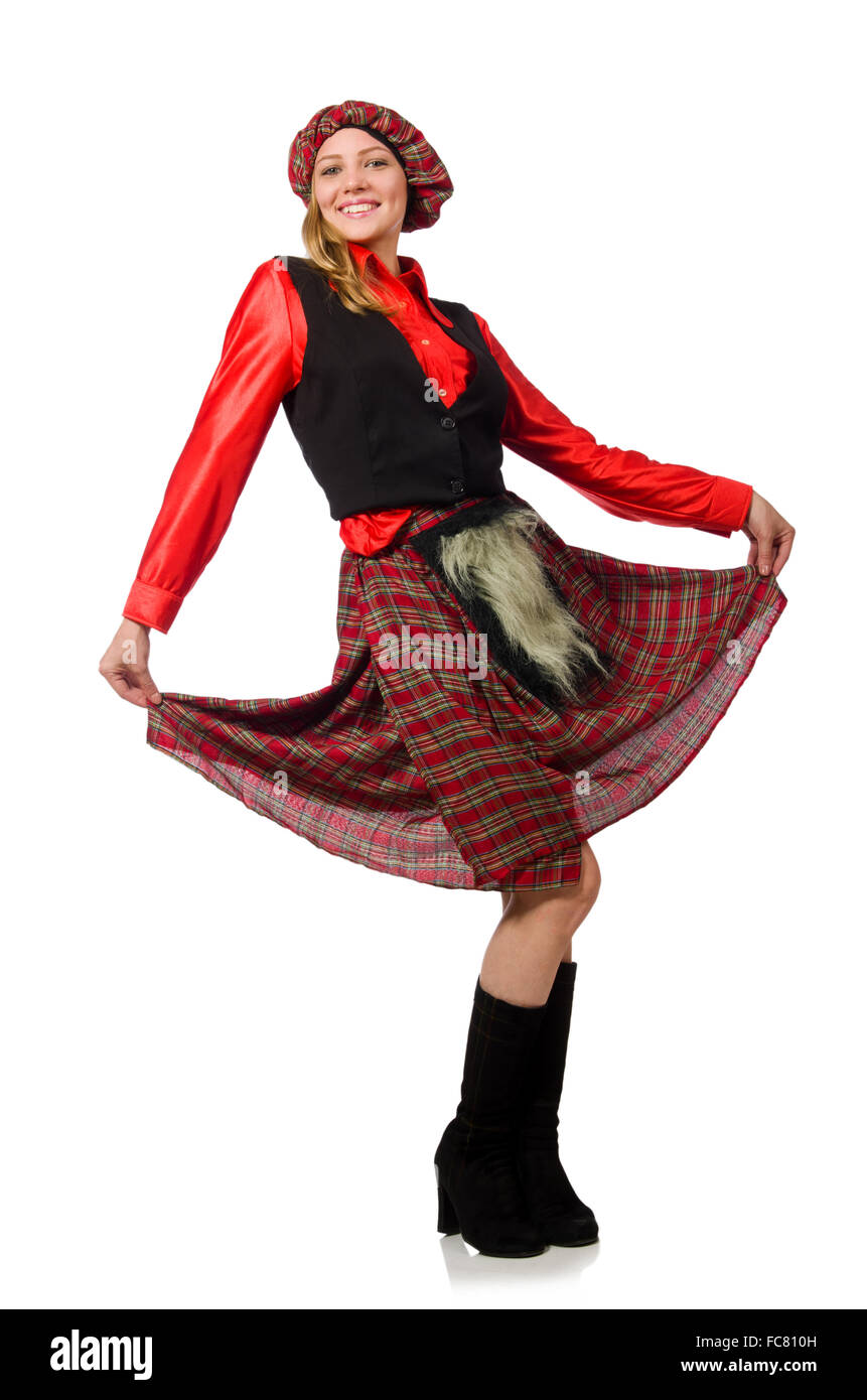 Femme drôle en vêtements écossais on white Banque D'Images