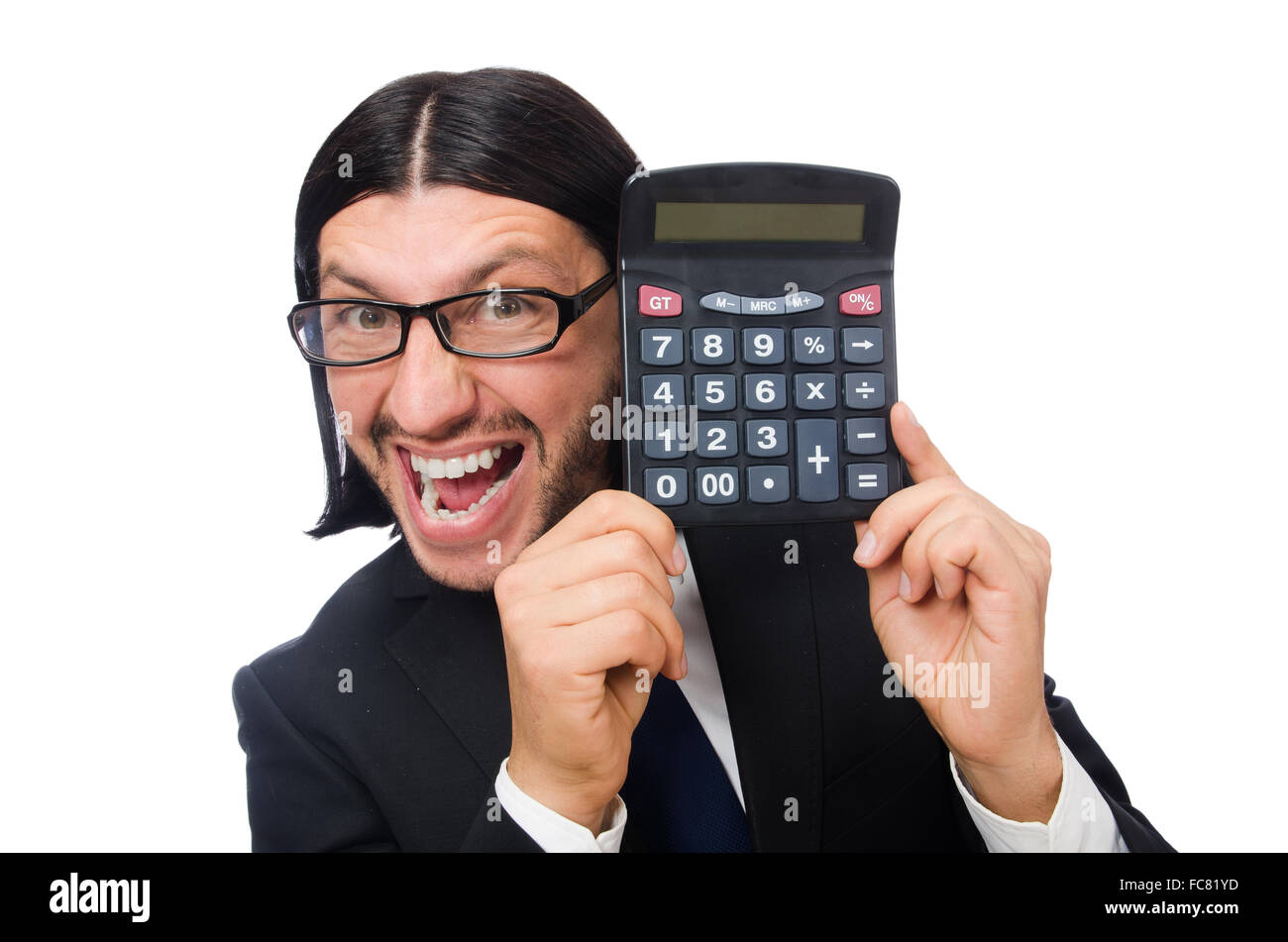 Man with calculator isolated on white Banque D'Images
