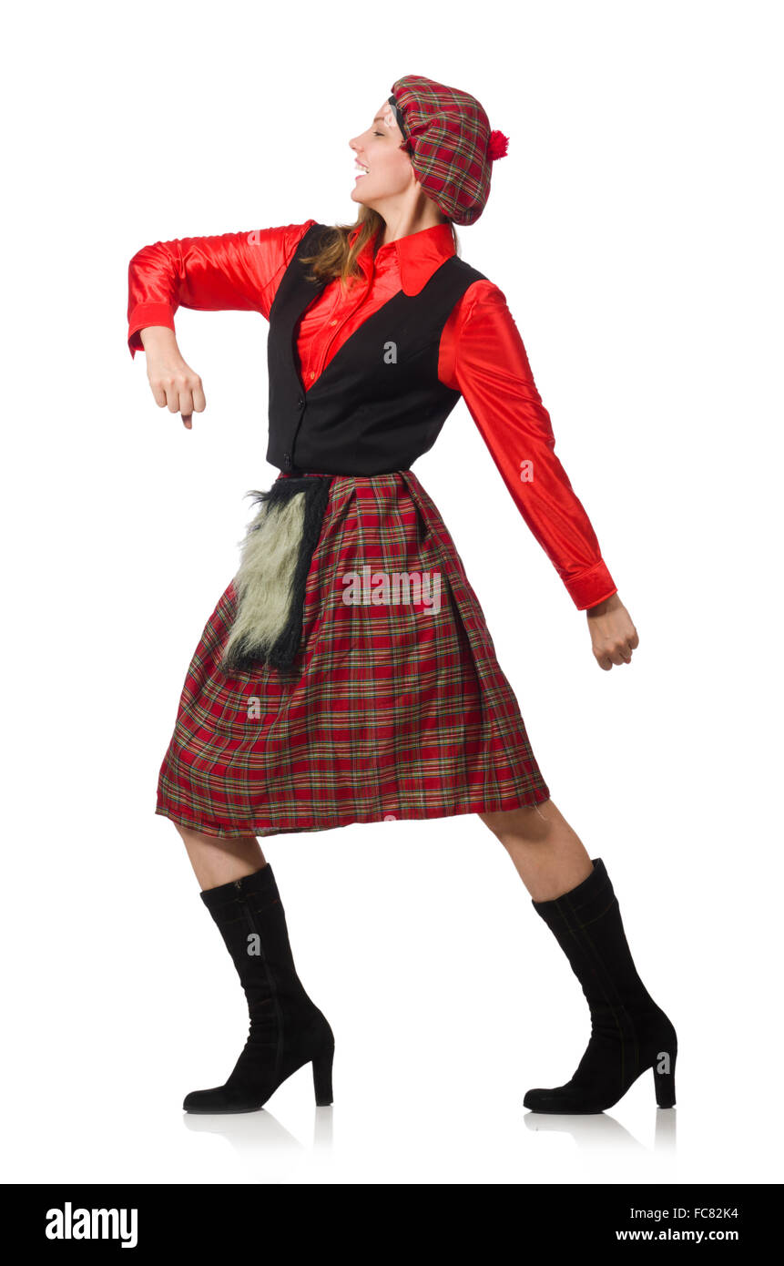 Femme drôle en vêtements écossais on white Banque D'Images
