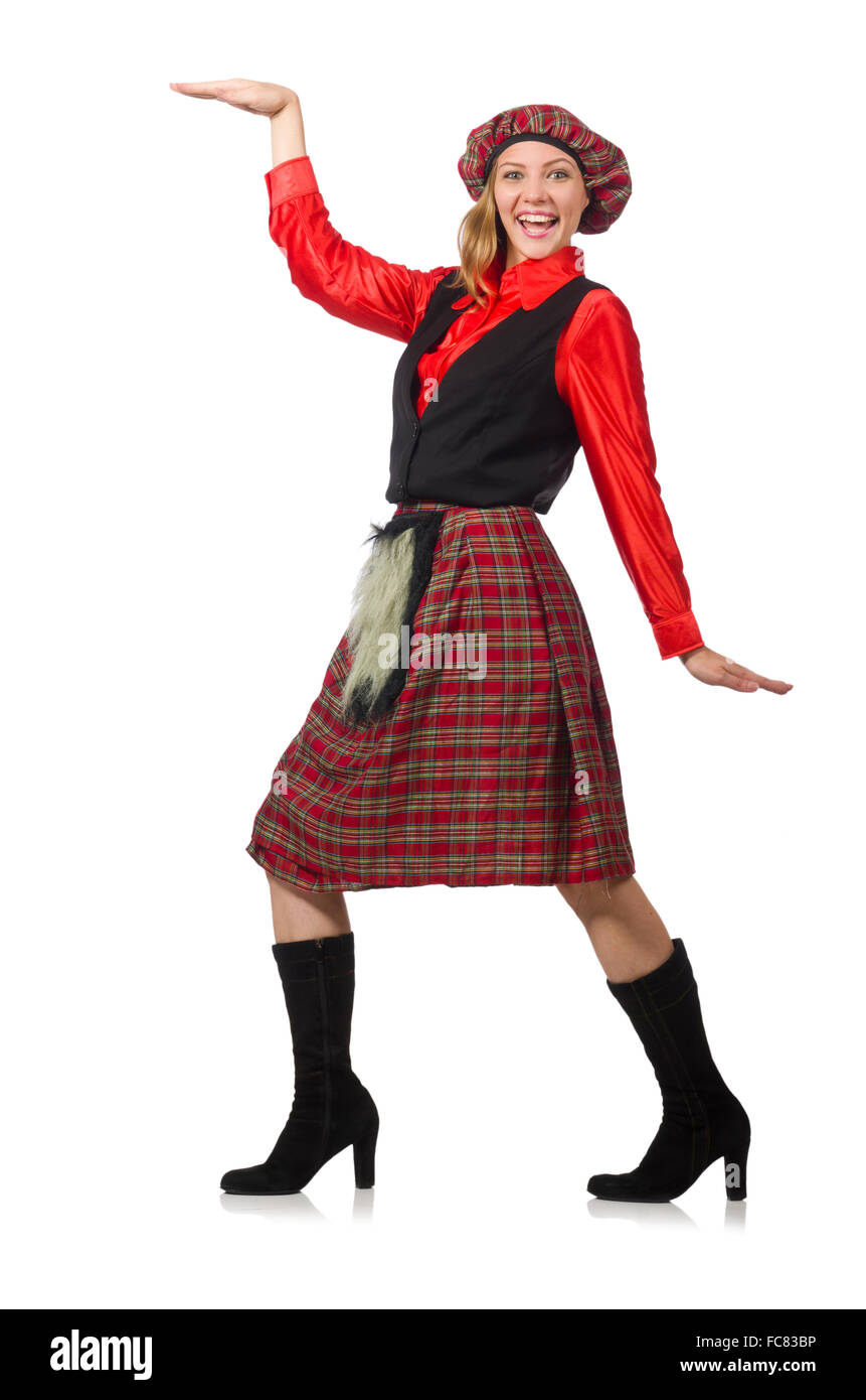Femme drôle en vêtements écossais on white Banque D'Images