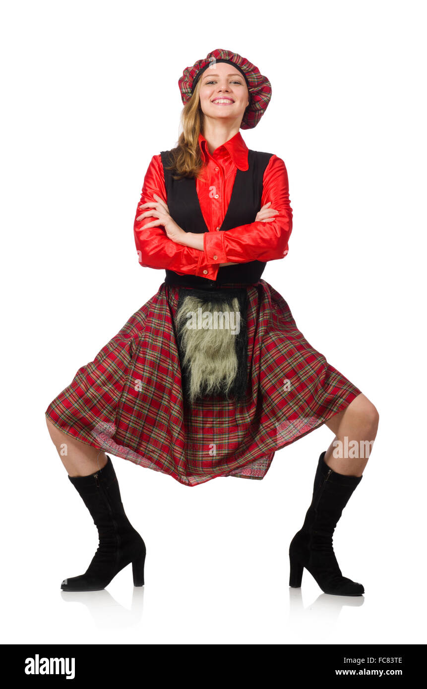 Femme drôle en vêtements écossais on white Banque D'Images