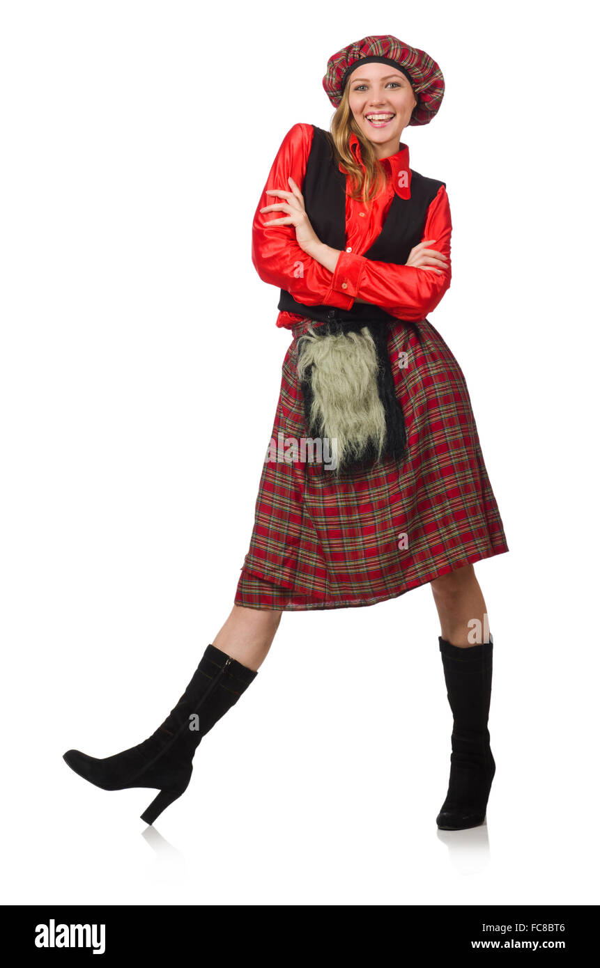 Femme drôle en vêtements écossais on white Banque D'Images