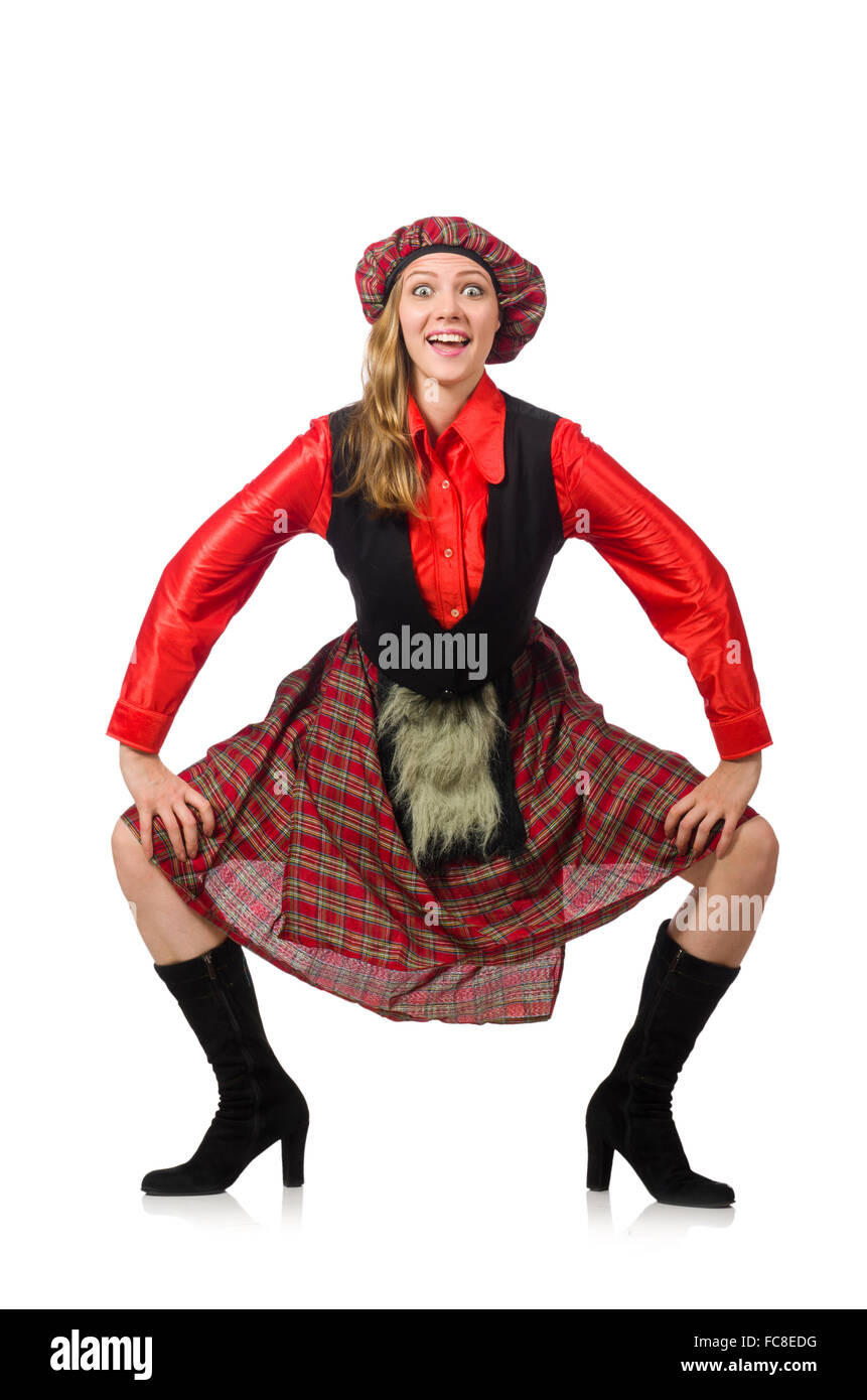 Femme drôle en vêtements écossais on white Banque D'Images