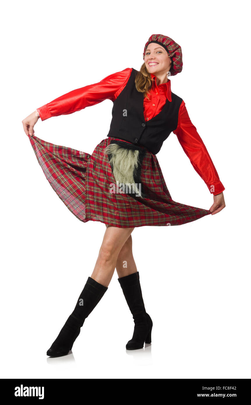 Femme drôle en vêtements écossais on white Banque D'Images
