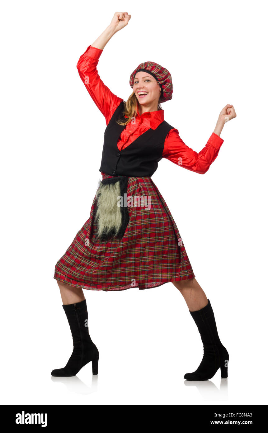 Femme drôle en vêtements écossais on white Banque D'Images