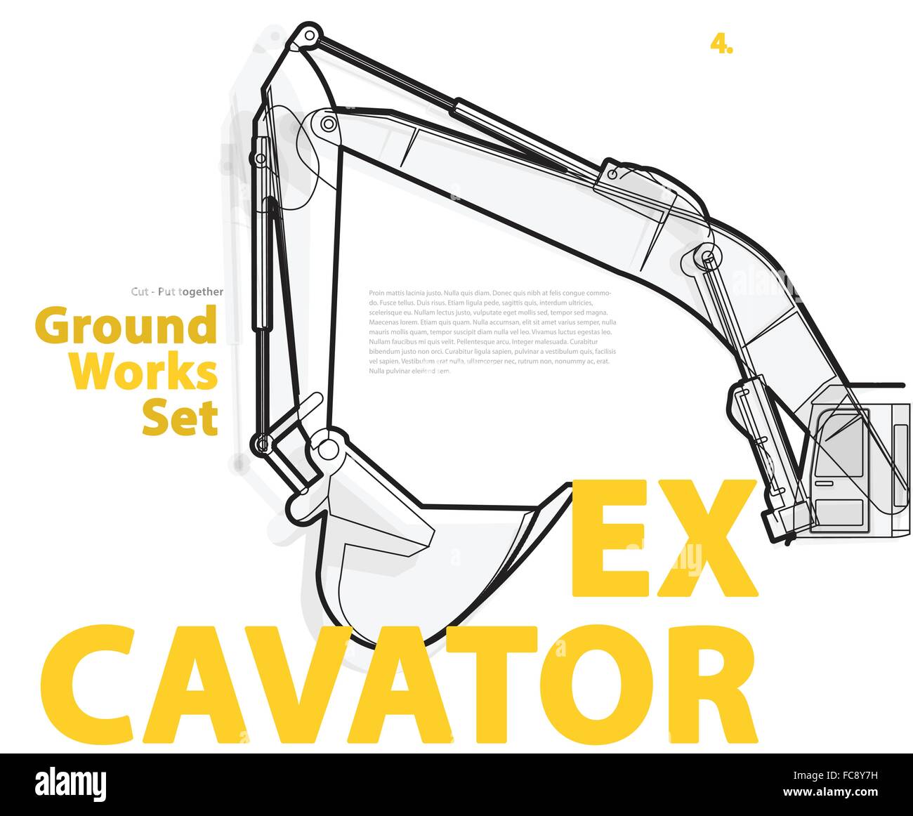 - Excavatrice jaune et orange typographie ensemble de machines travaux sol véhicules sur blanc. L'équipement de construction de bâtiment. Vector illustration. Illustration de Vecteur