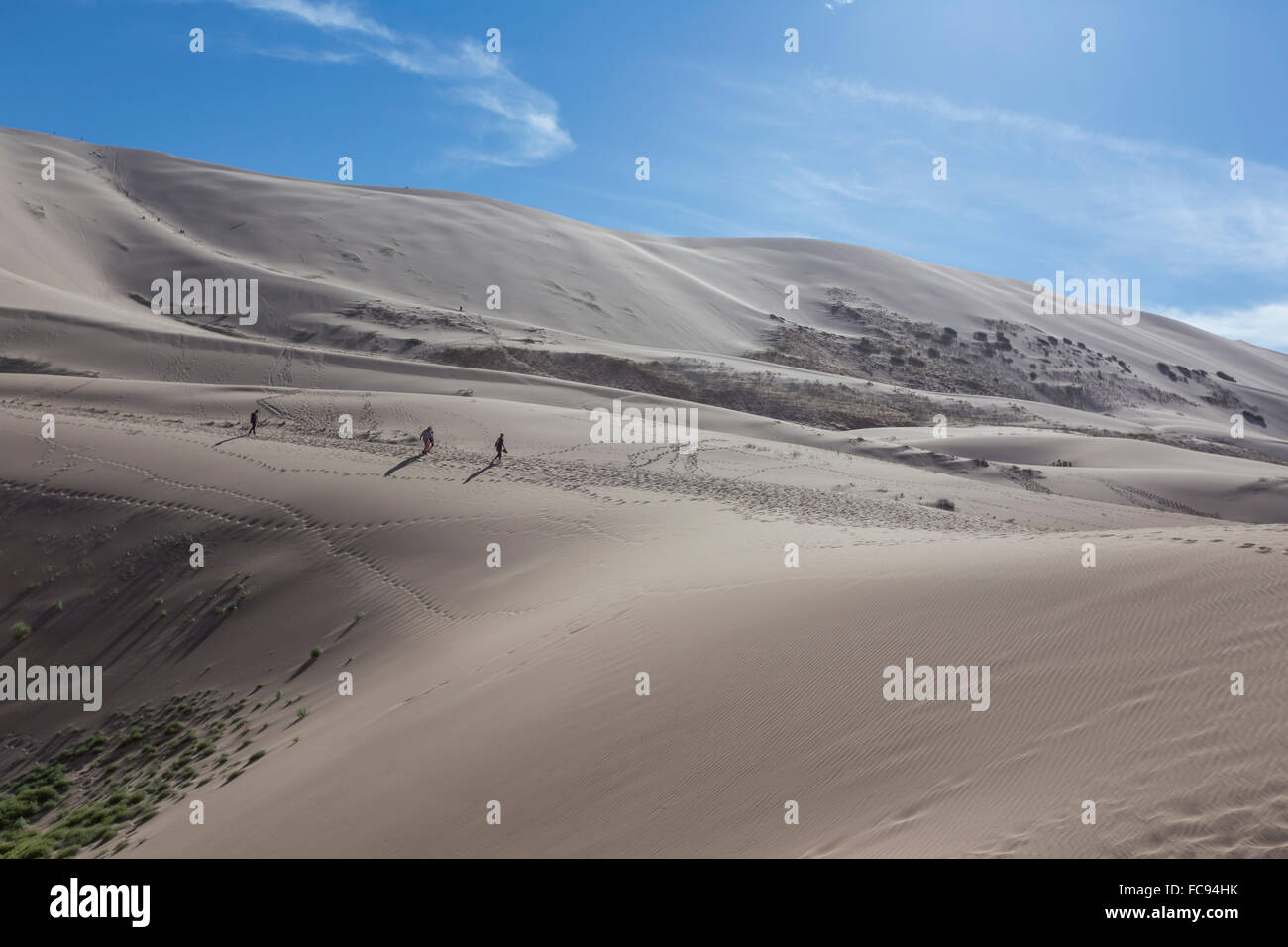 Les personnes éloignées de la descente d'une immense dune de sable, irisé sur une soirée d'été, Khongoryn Els, désert de Gobi, la Mongolie, l'Asie centrale Banque D'Images