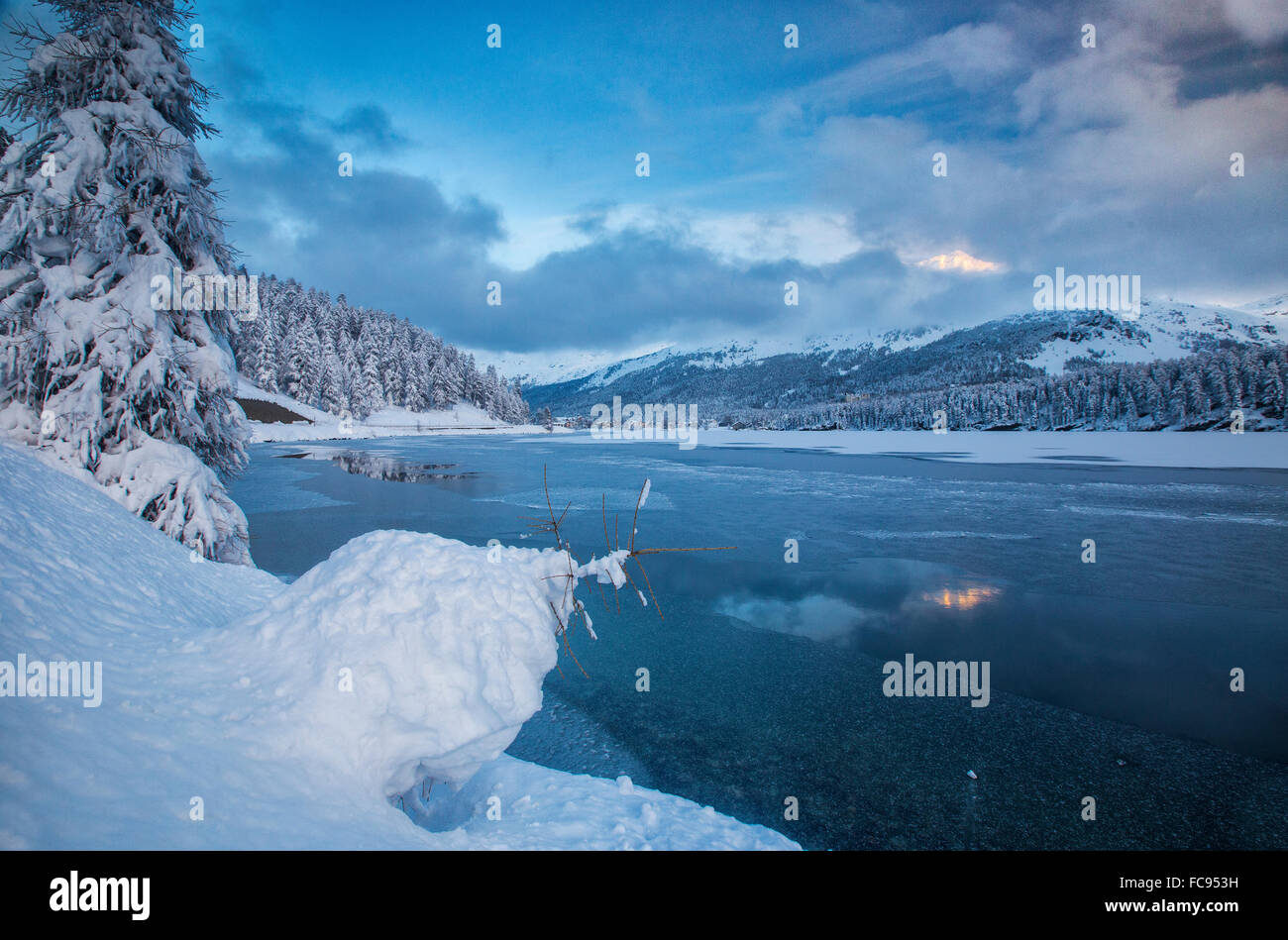 Paysage de neige sur le bord de la glace d'un Lac de Sils, Haute-engadine, Canton des Grisons (Grisons), Suisse, Europe Banque D'Images