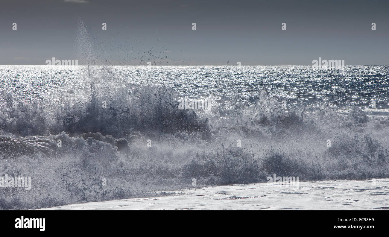Vagues se brisant sur le rivage, Dyrholaey, Islande Banque D'Images